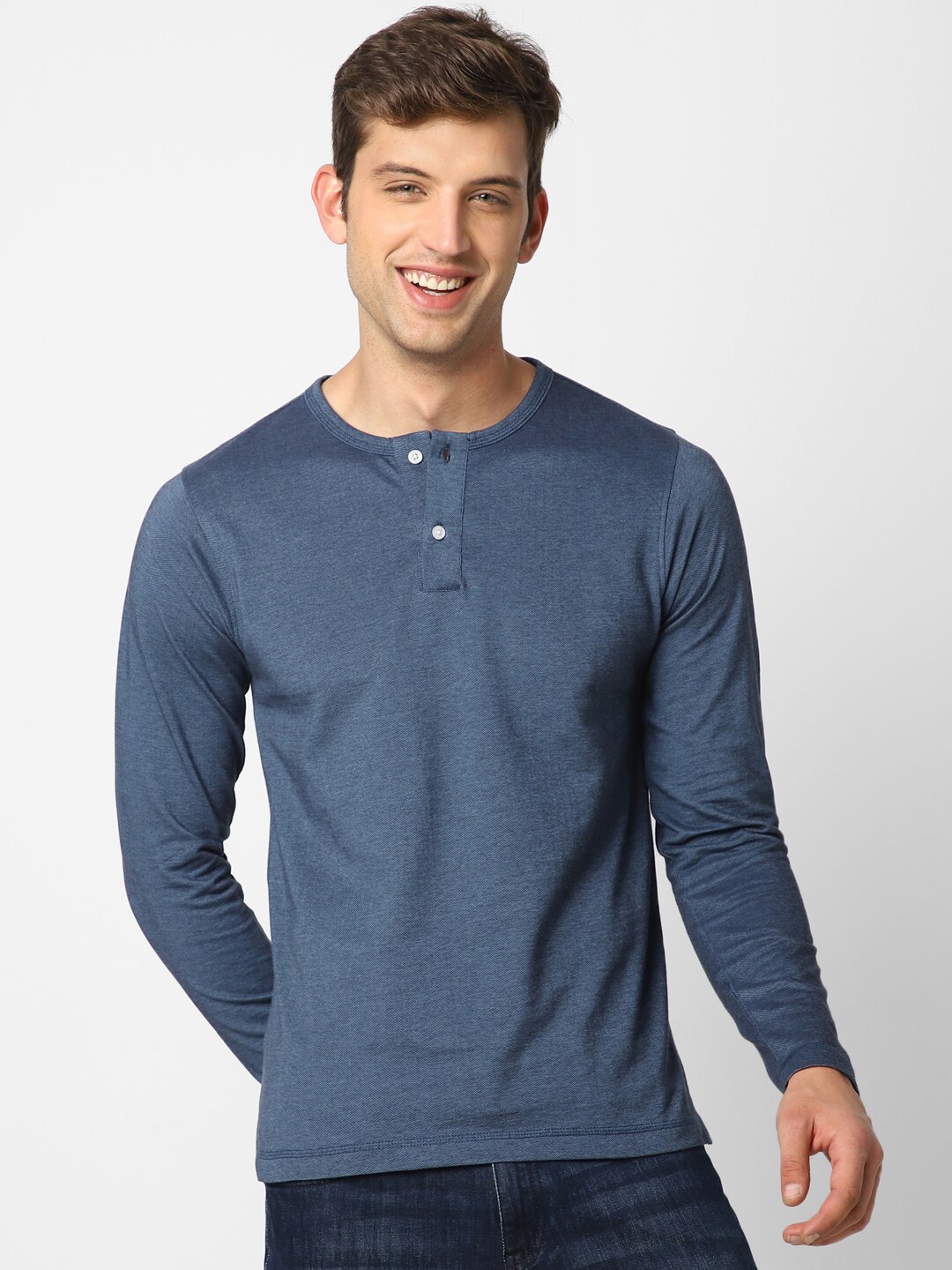 

VASTRADO Henley Neck Long Sleeves Cotton Relaxed Fit T-shirt, Blue