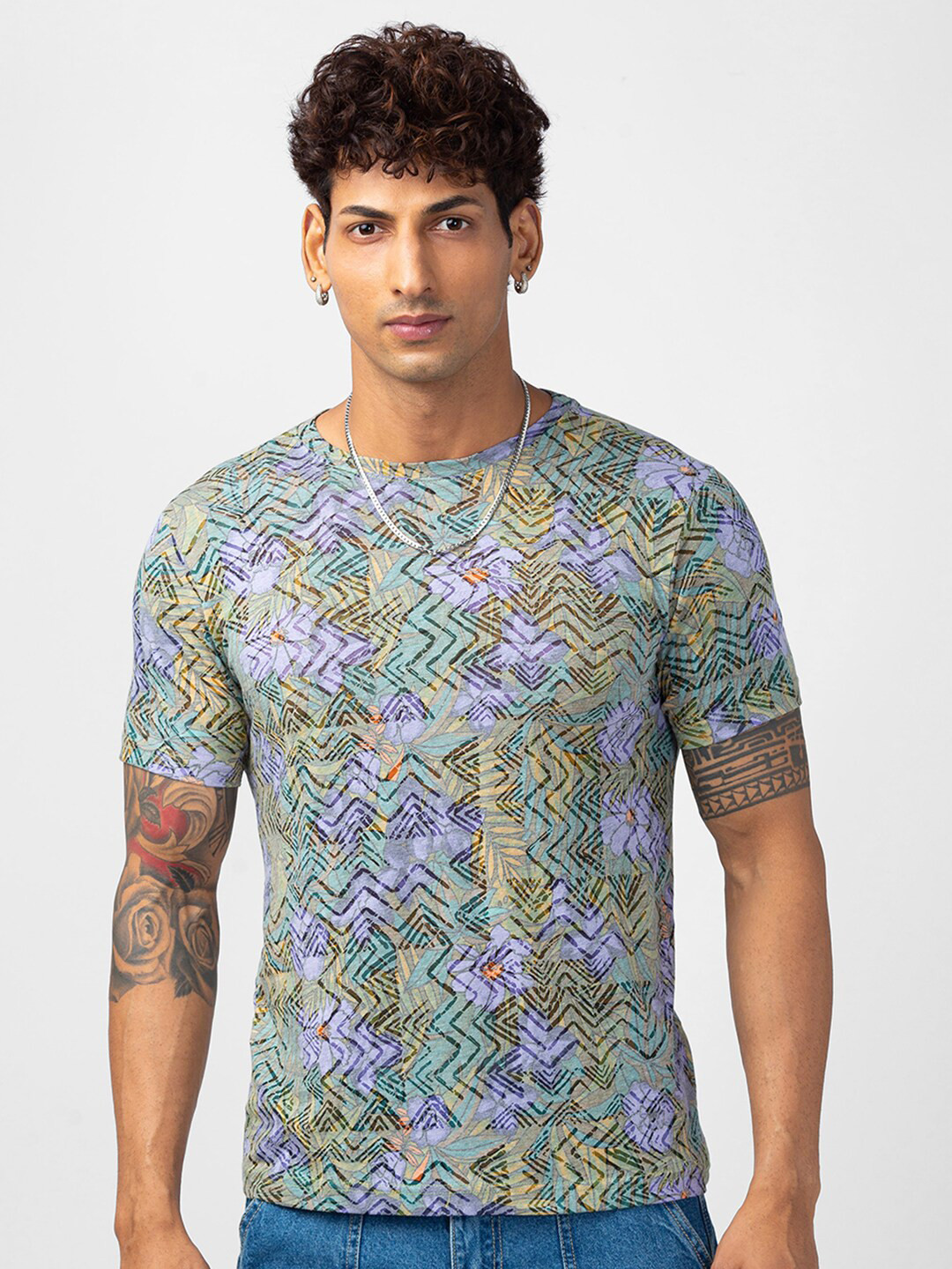 

VASTRADO Round Neck Geometric Printed T-shirt, Green