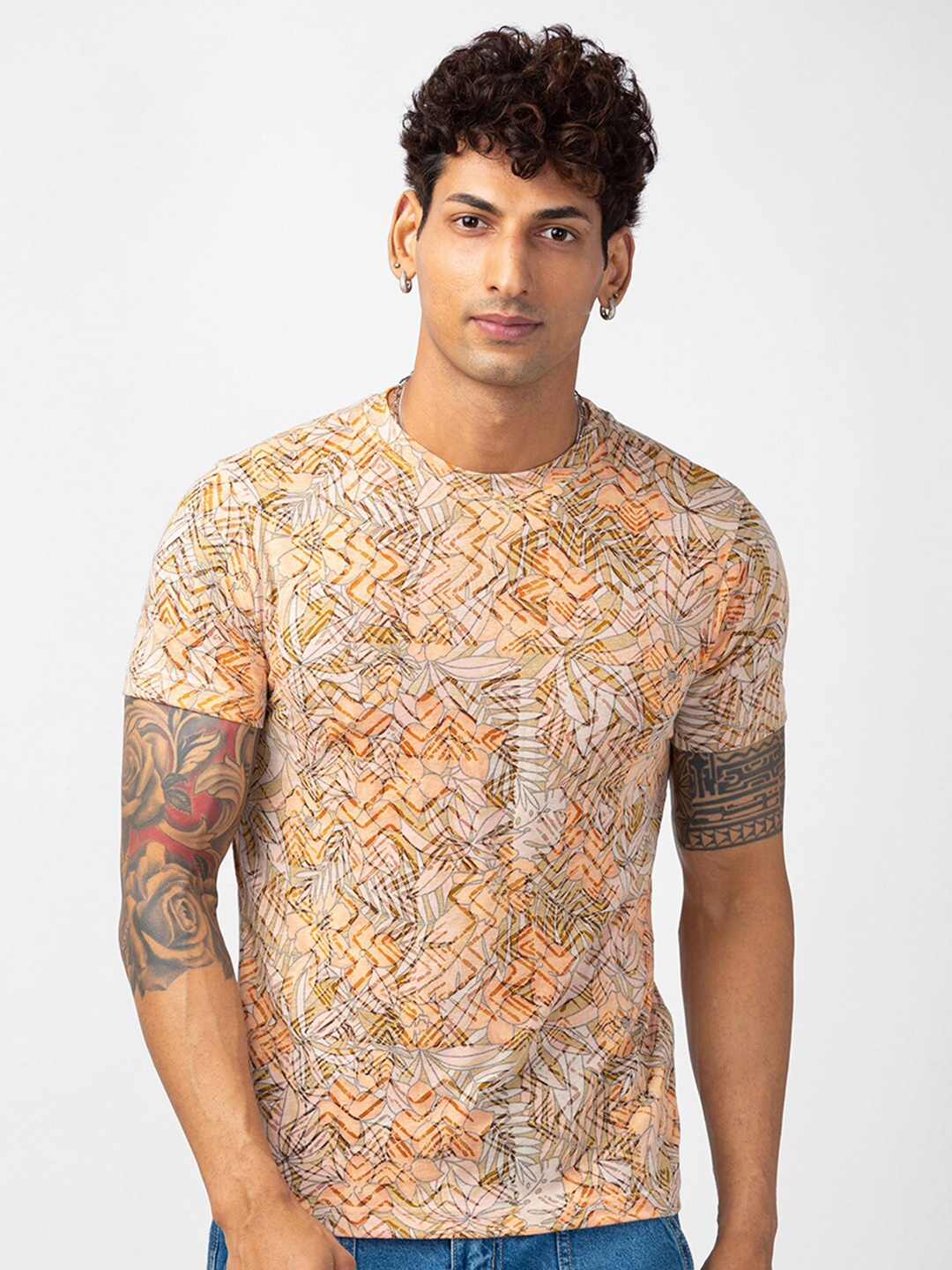 

VASTRADO Floral Printed Round Neck Cotton T-shirt, Orange