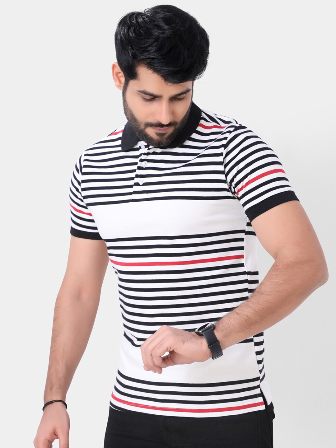 

VASTRADO Striped Polo Collar Cotton T-shirt, White