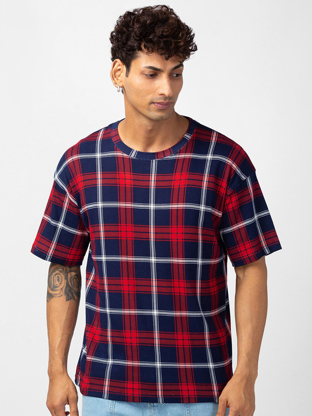 

VASTRADO Checked Oversize Cotton T-Shirt, Navy blue