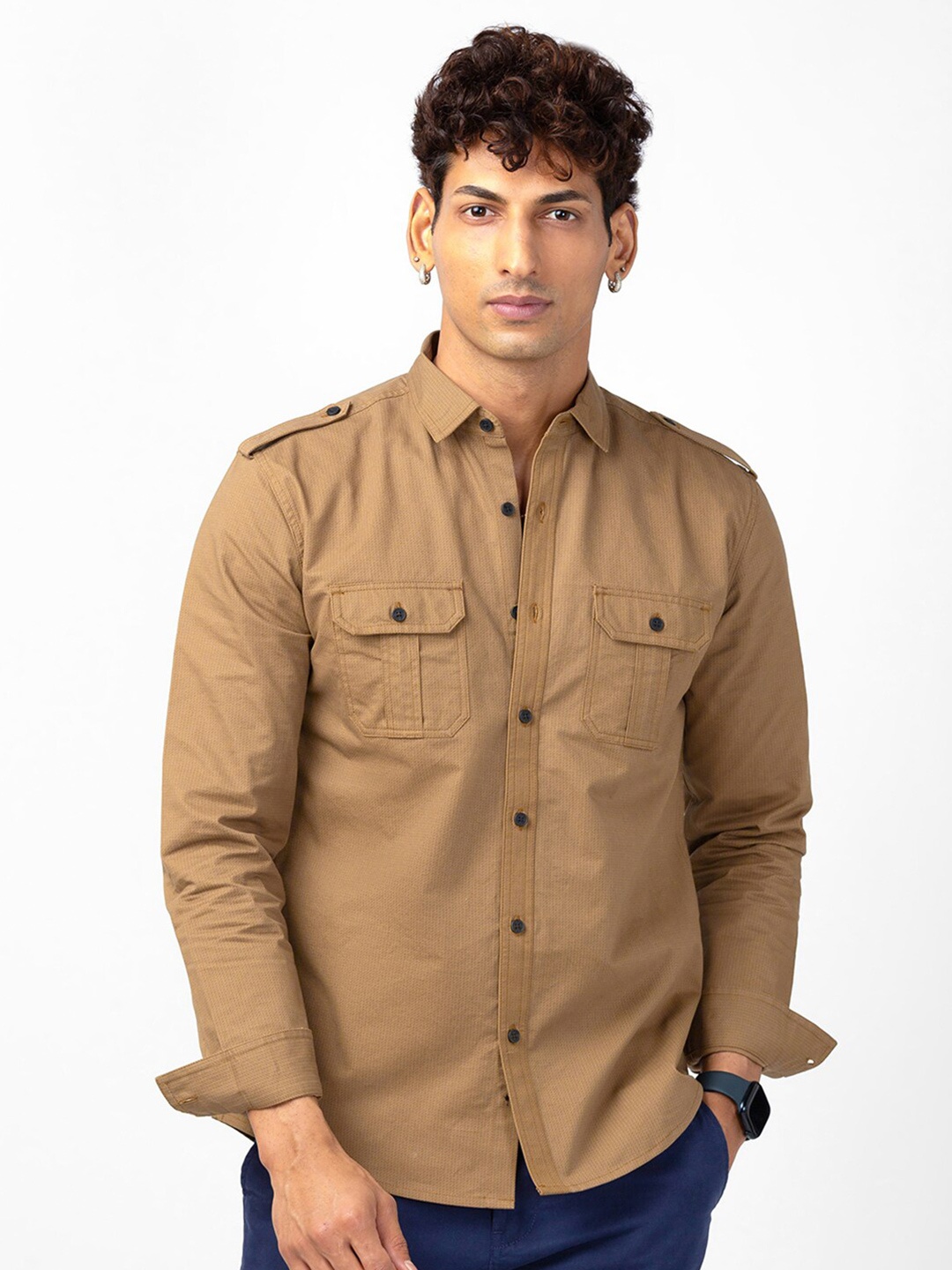 

VASTRADO Spread Collar Cotton Casual Shirt, Khaki