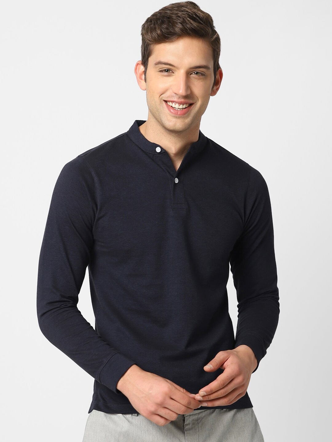 

VASTRADO Henley Neck Cotton T-shirt, Navy blue