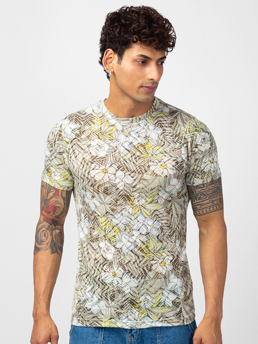 

VASTRADO Floral Printed Cotton T-shirt, Beige