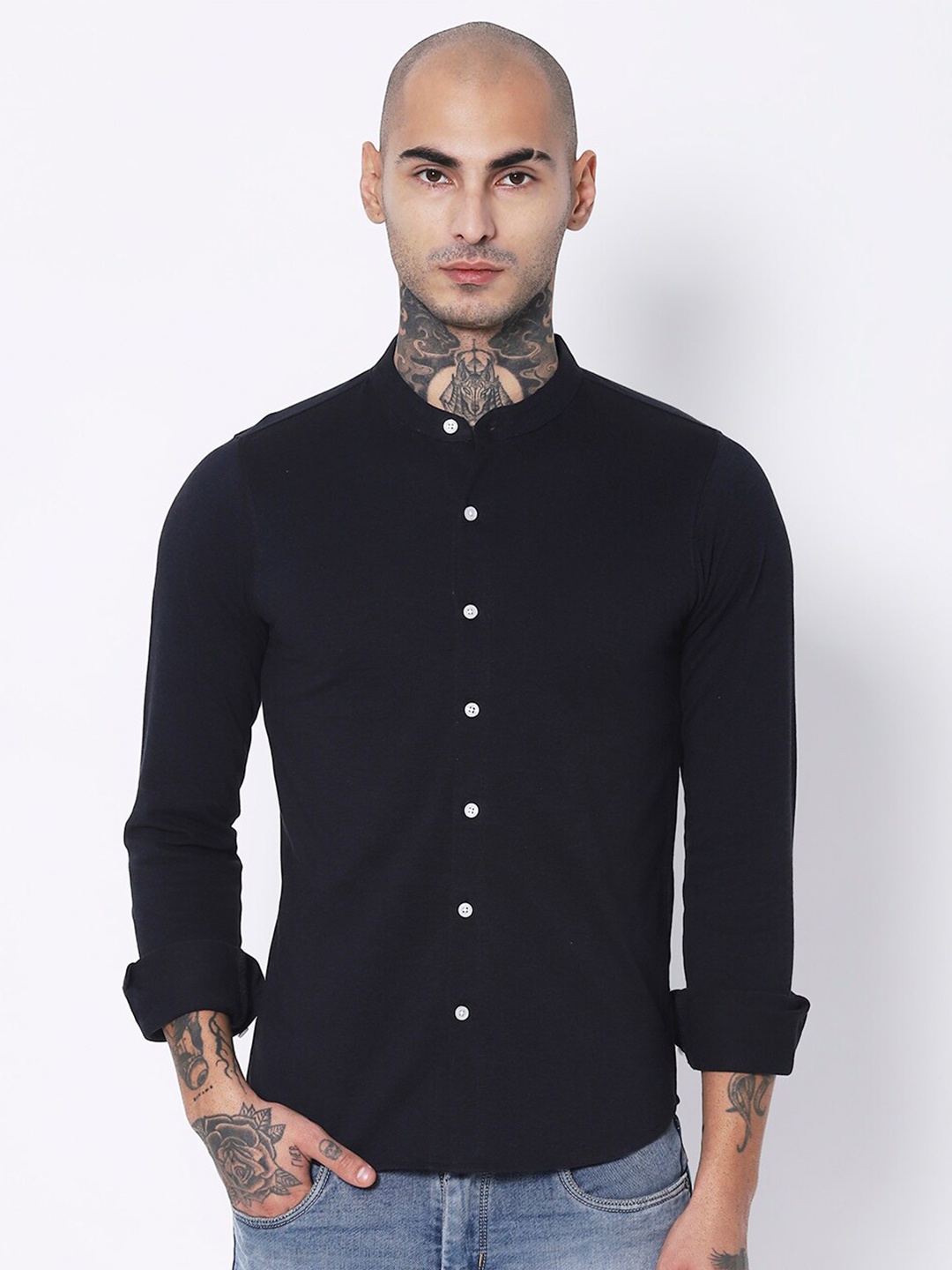 

VASTRADO Band Collar Cotton Casual Shirt, Navy blue