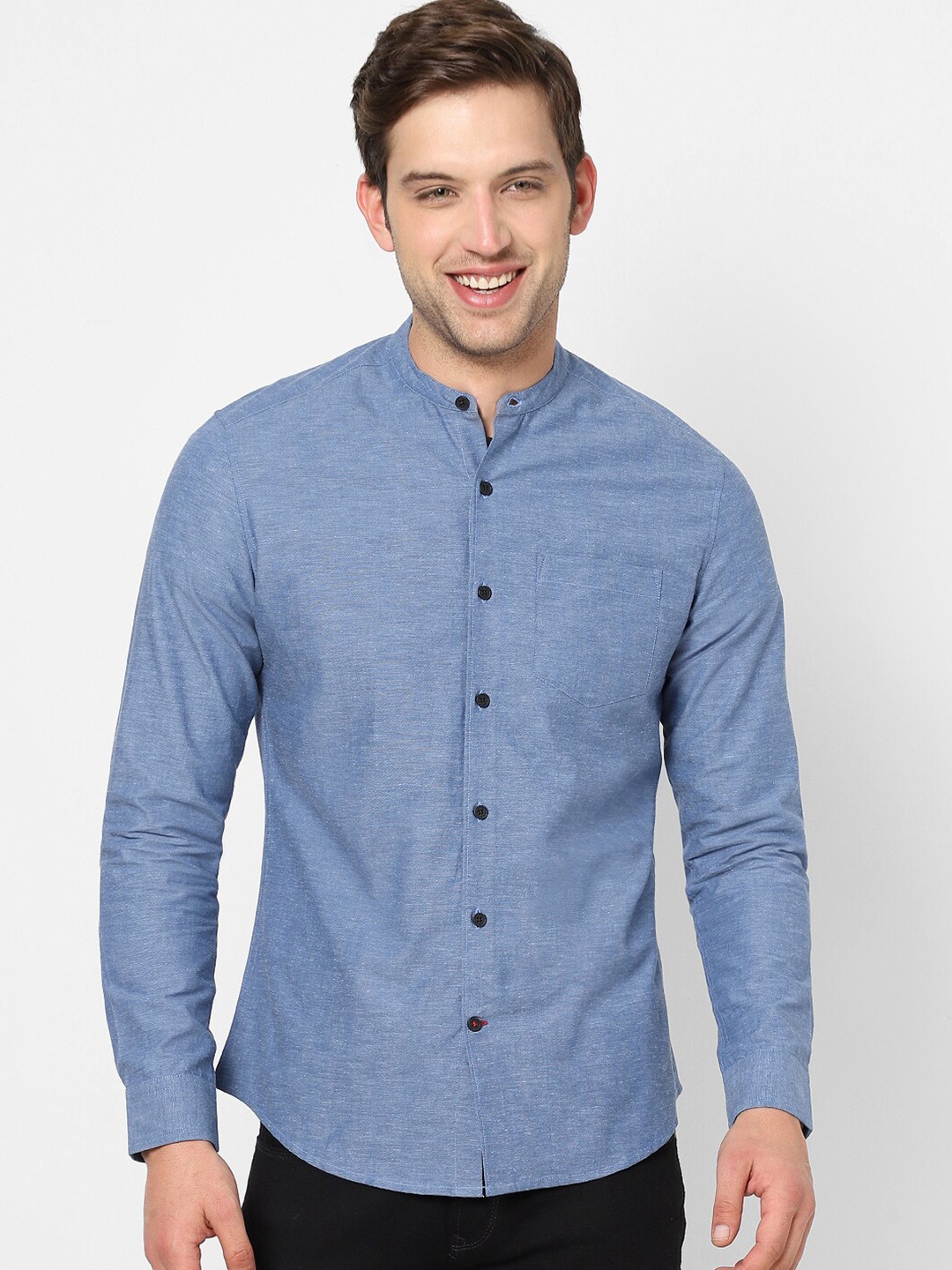 

VASTRADO Mandarin Collar Cotton Casual Shirt, Blue