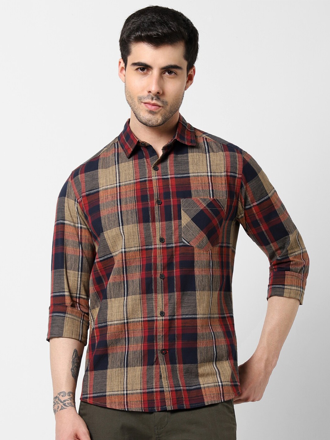 

VASTRADO Tartan Checks Checked Cotton Casual Shirt, Beige