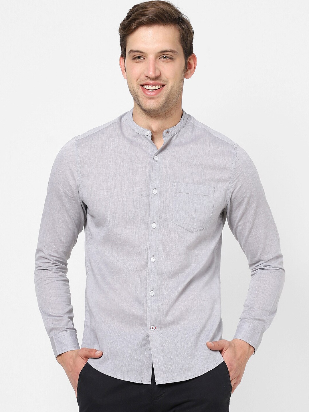 

VASTRADO Mandarin Collar Cotton Casual Shirt, Grey