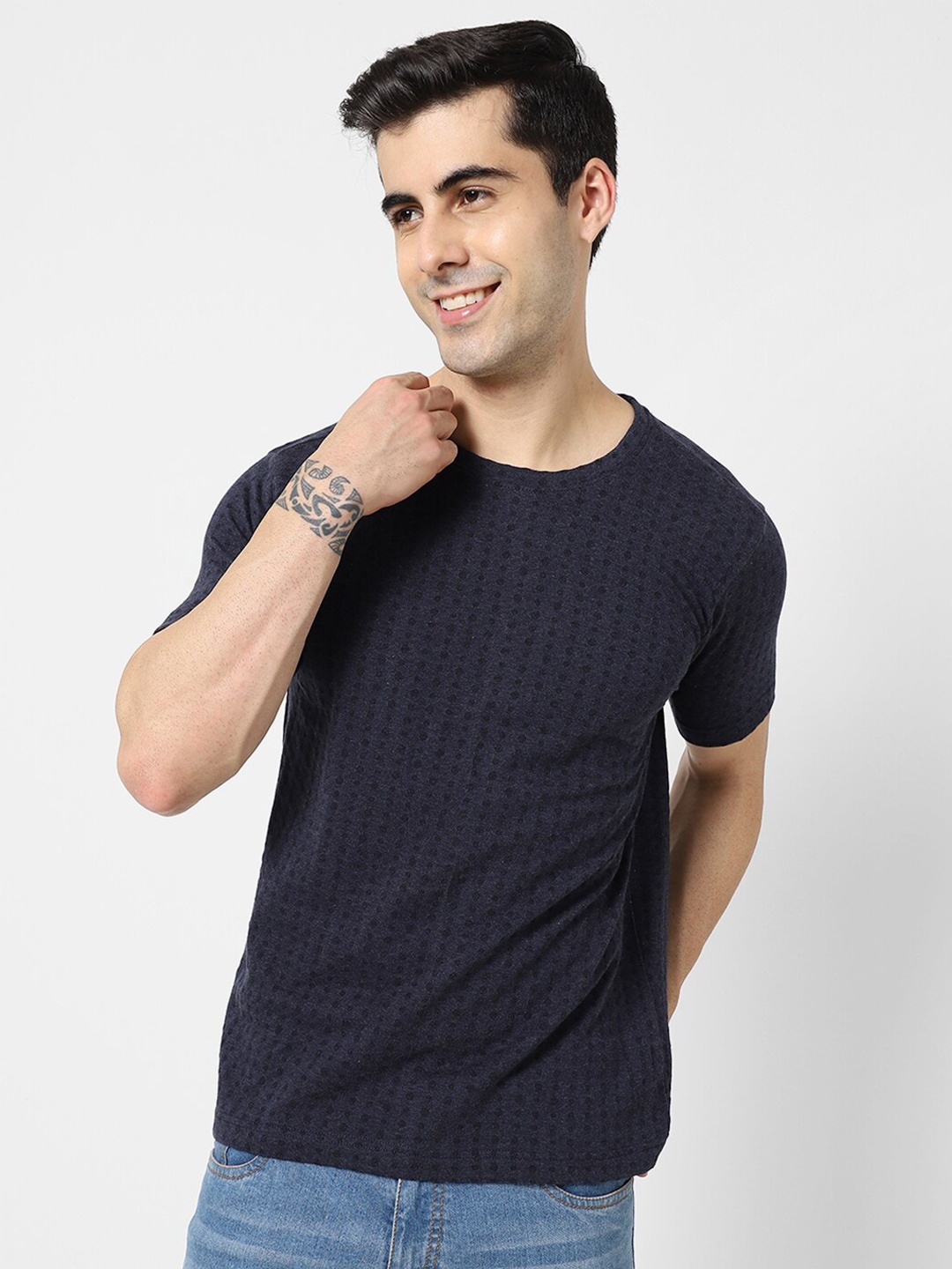 

VASTRADO Geometric Printed Cotton T-shirt, Navy blue