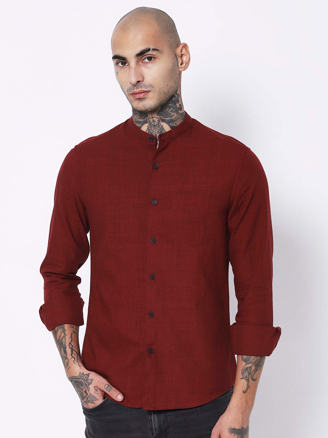 

VASTRADO Band Collar Cotton Casual Shirt, Maroon