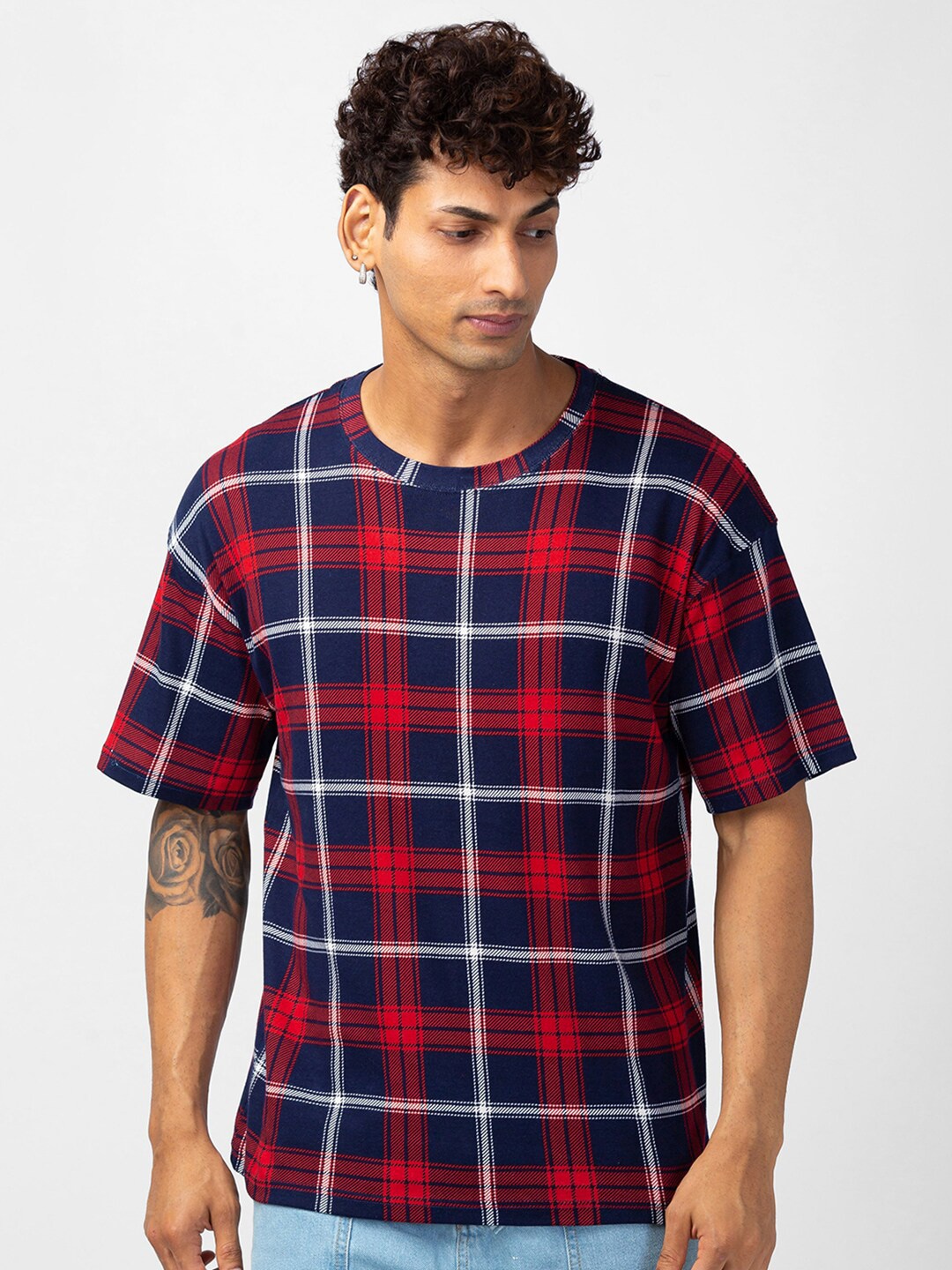 

VASTRADO Regular Fit Checked Knitted Cotton T-Shirt, Navy blue