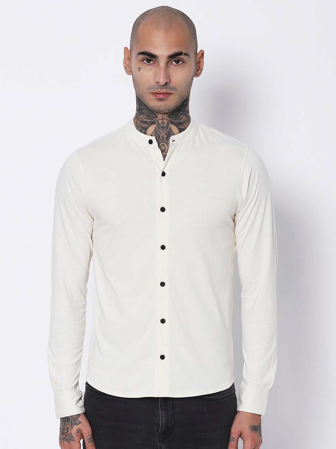 

VASTRADO Mandarin Collar Cotton Casual Shirt, Off white