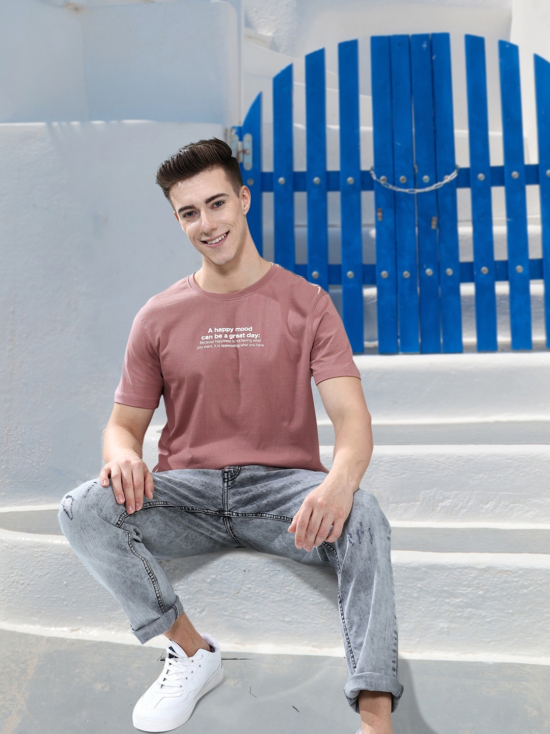 

Mast & Harbour Pure Cotton Typography Printed Casual T-shirt, Beige