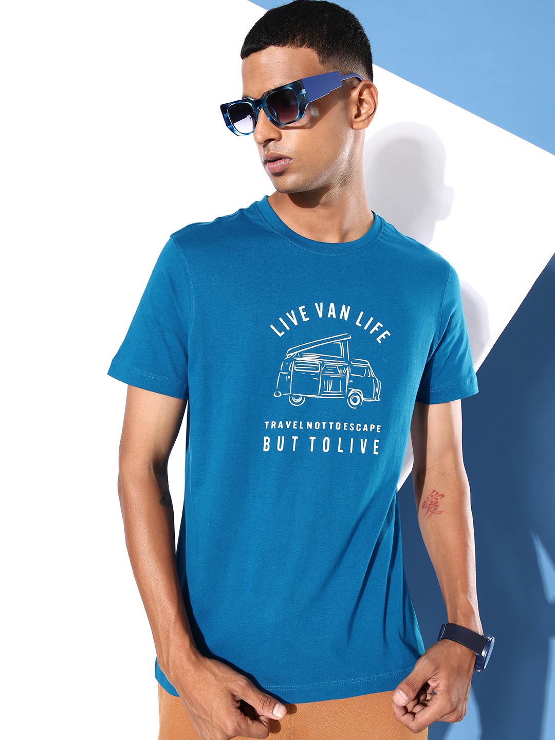 

Mast & Harbour Graphic Printed Pure Cotton Casual T-shirt, Blue