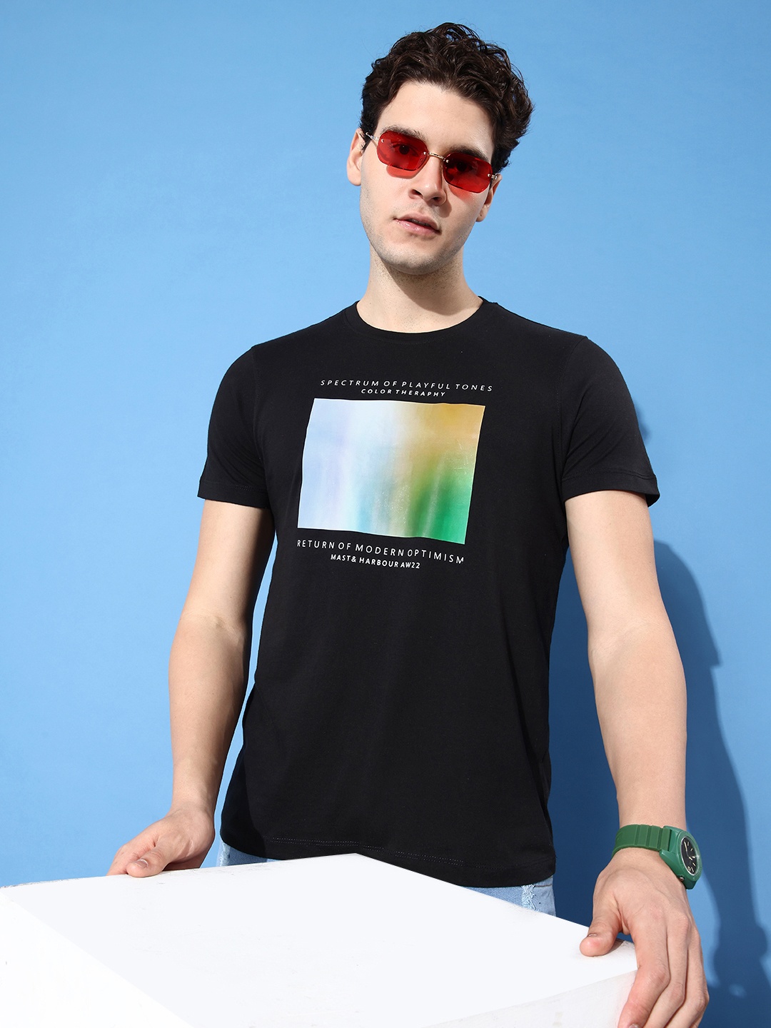 

Mast & Harbour Graphic Printed Pure Cotton Casual T-shirt, Black