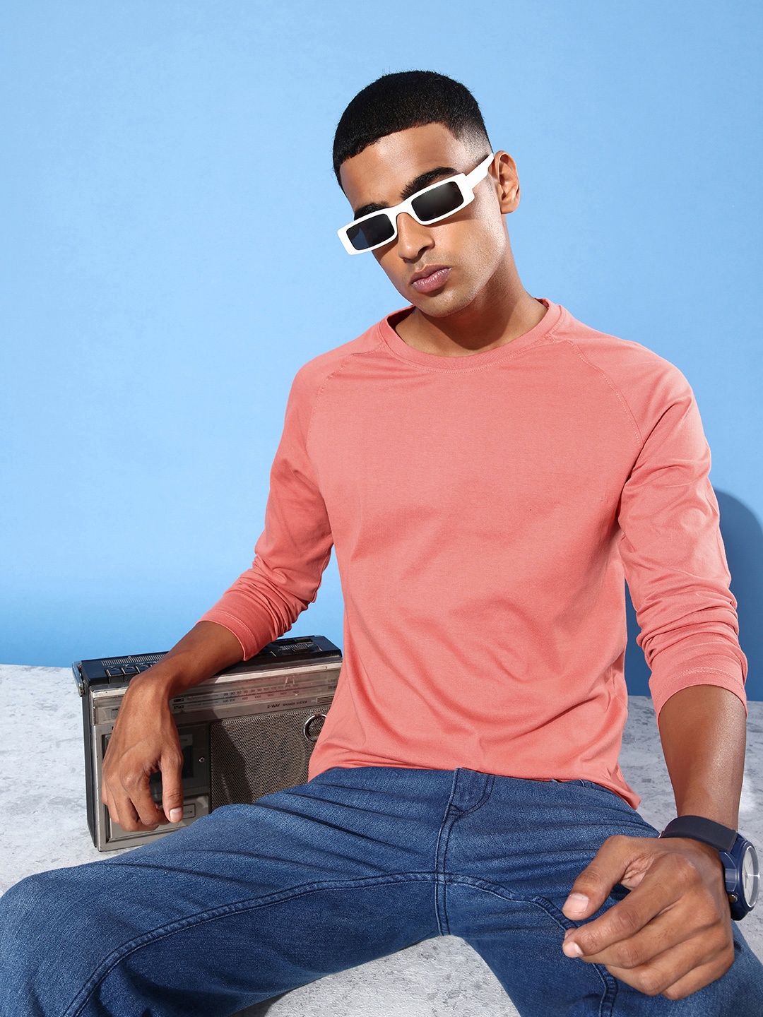 

Mast & Harbour Men Coral Peach Pure Cotton Long Sleeves T-shirt