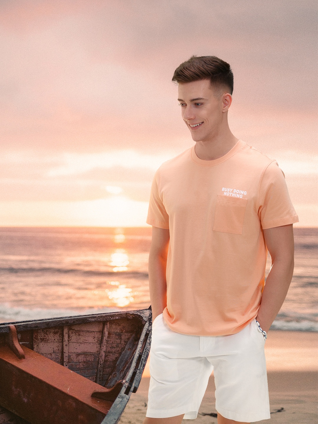 

Mast & Harbour Minimal Print Pure Cotton With Chest Pocket T-shirt, Peach