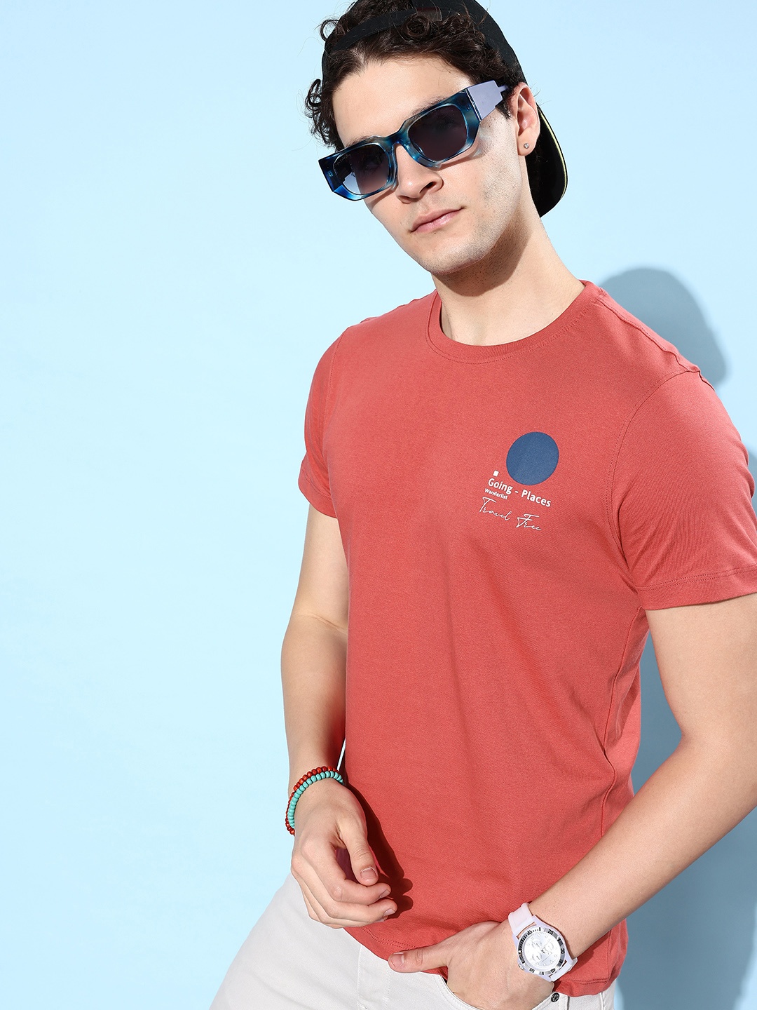

Mast & Harbour Minimal Print Round Neck Pure Cotton Casual T-shirt, Red