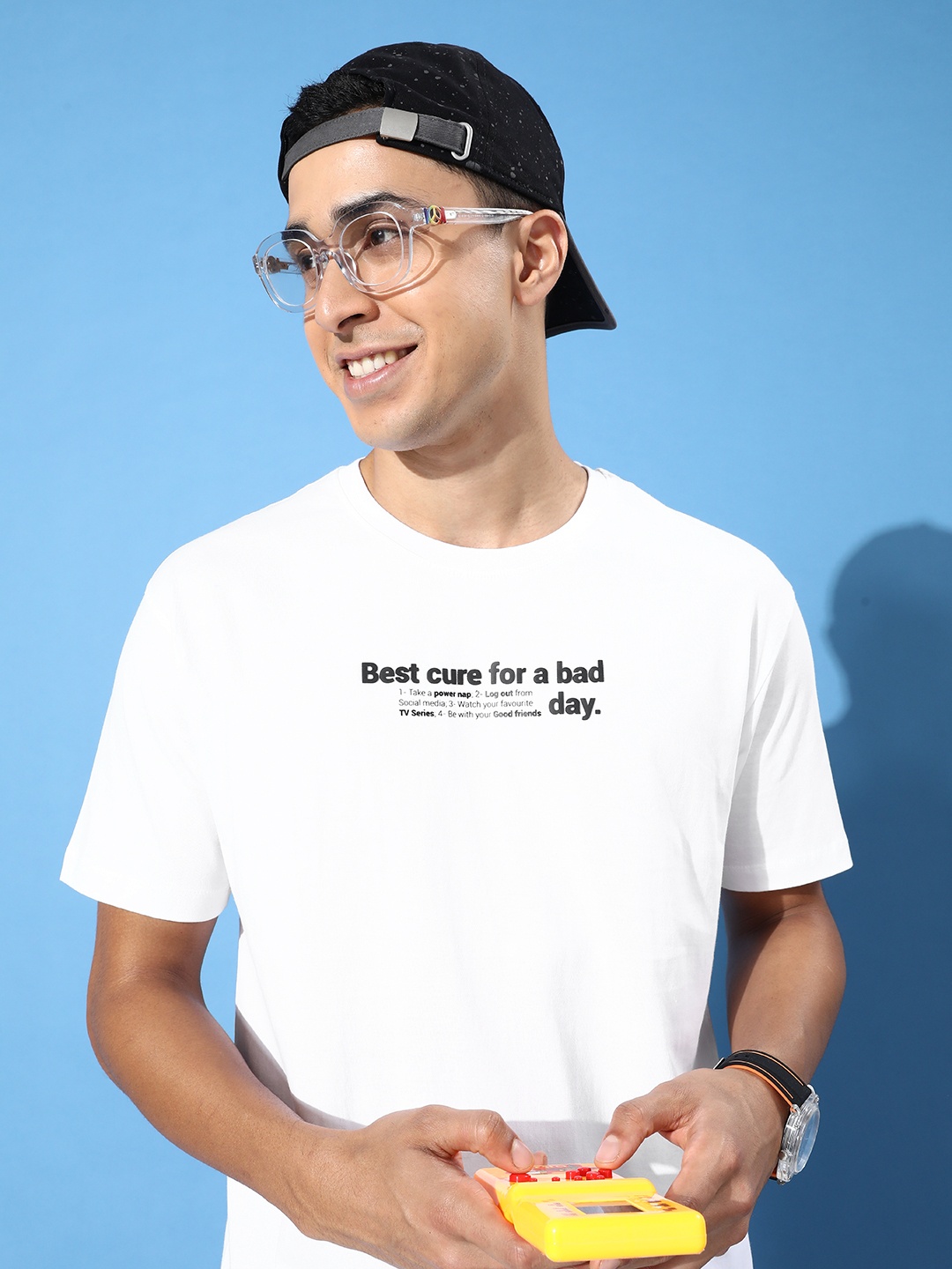 Mast & Harbour Typography Printed Drop-Shoulder Sleeves Pure Cotton T-shirt, White
