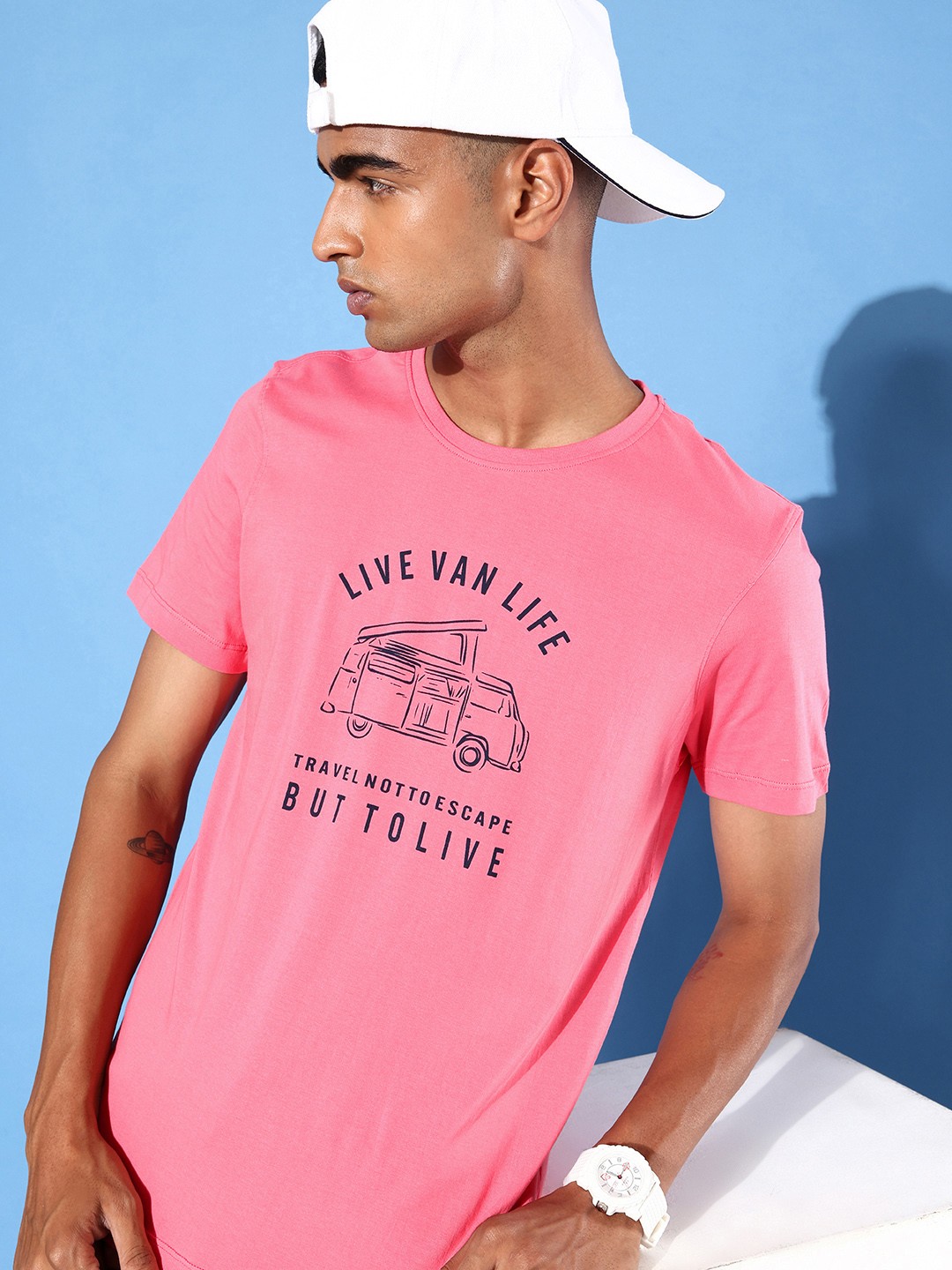 

Mast & Harbour Men Blush Pink Pure Cotton Typography Printed T-shirt