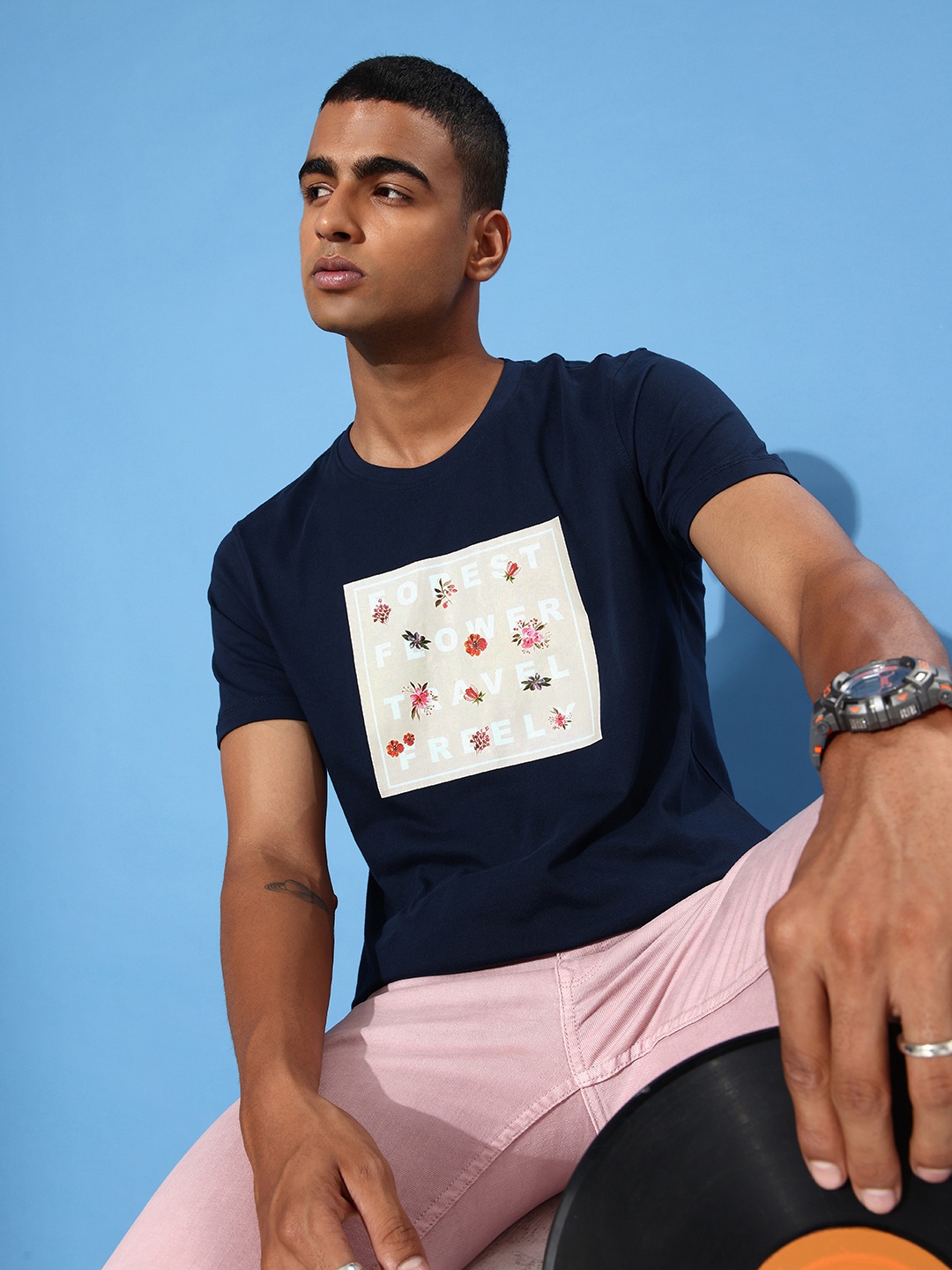 

Mast & Harbour Pure Cotton Graphic Printed Casual T-shirt, Navy blue