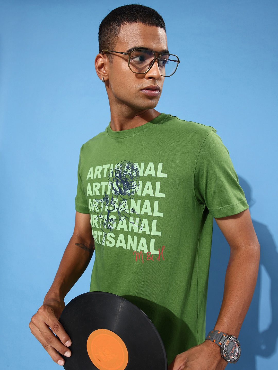 

Mast & Harbour Pure Cotton Typography Printed Casual T-shirt, Green