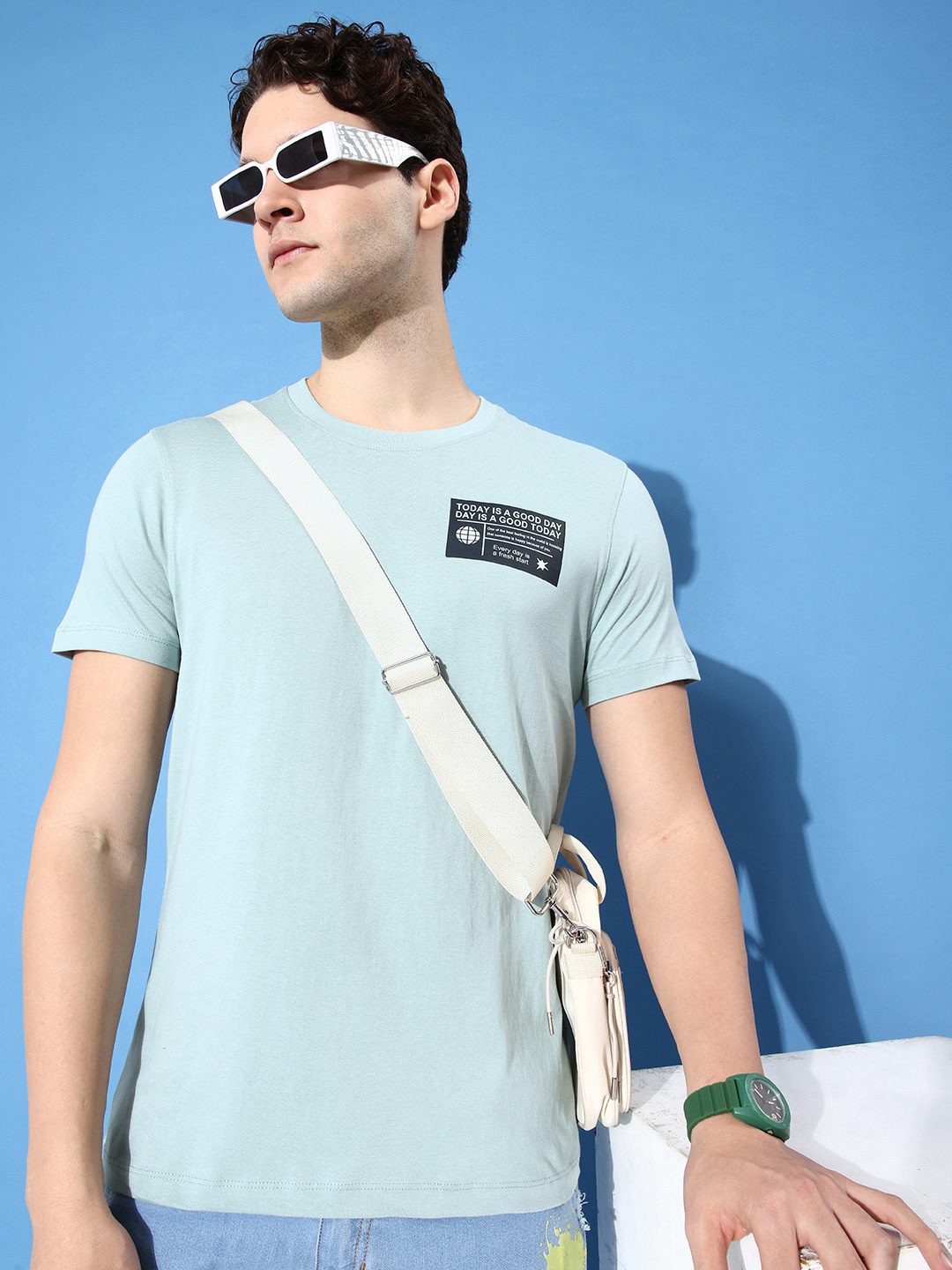 

Mast & Harbour Typography Printed Pure Cotton Casual T-shirt, Blue