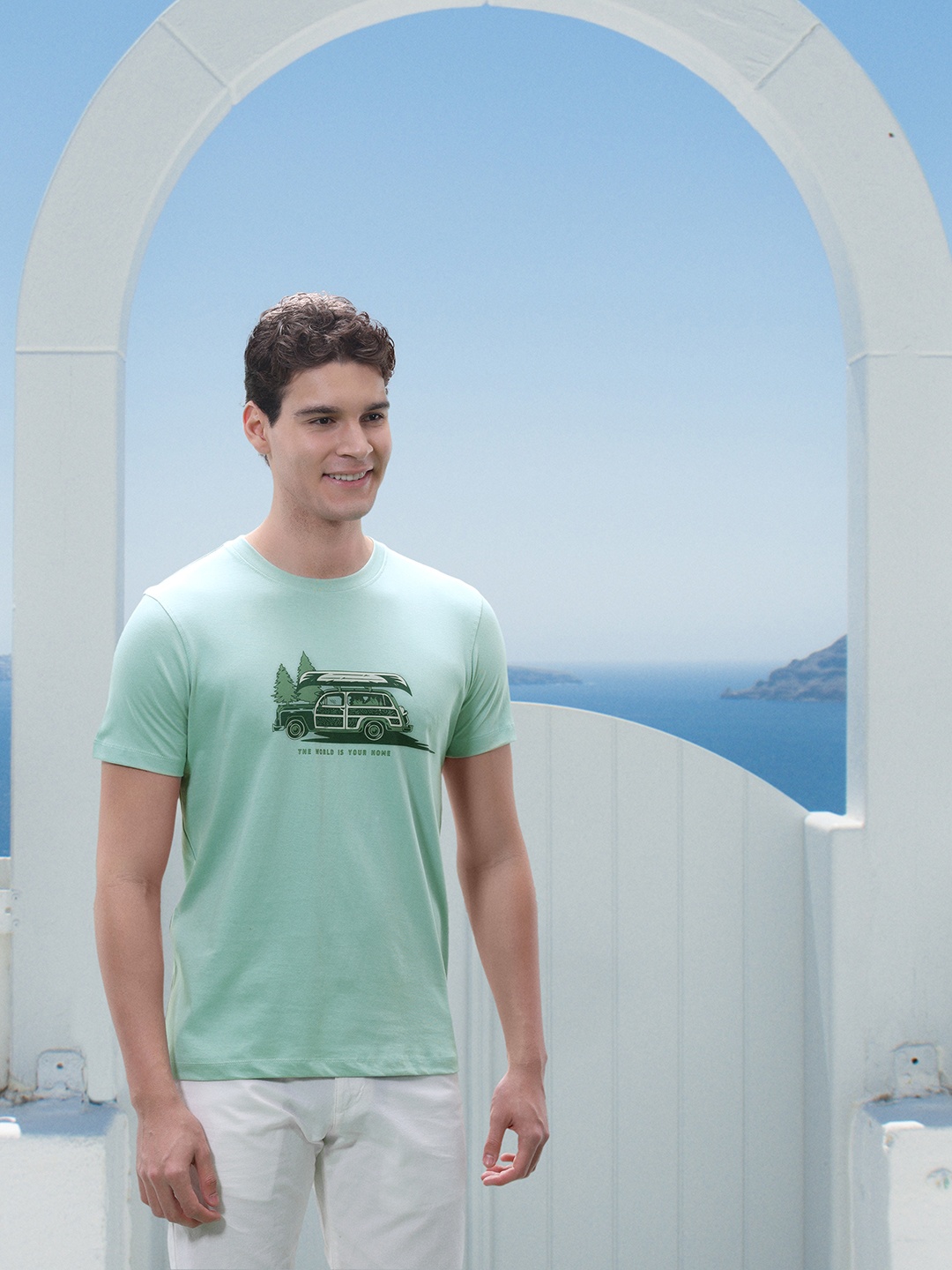 

Mast & Harbour Pure Cotton Graphic Printed Casual T-shirt, Green