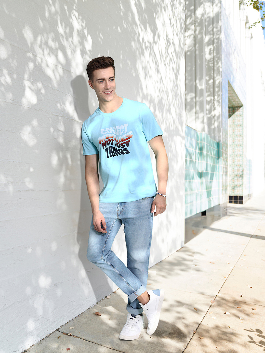 

Mast & Harbour Men Sky Blue Pure Cotton Typography Printed T-shirt