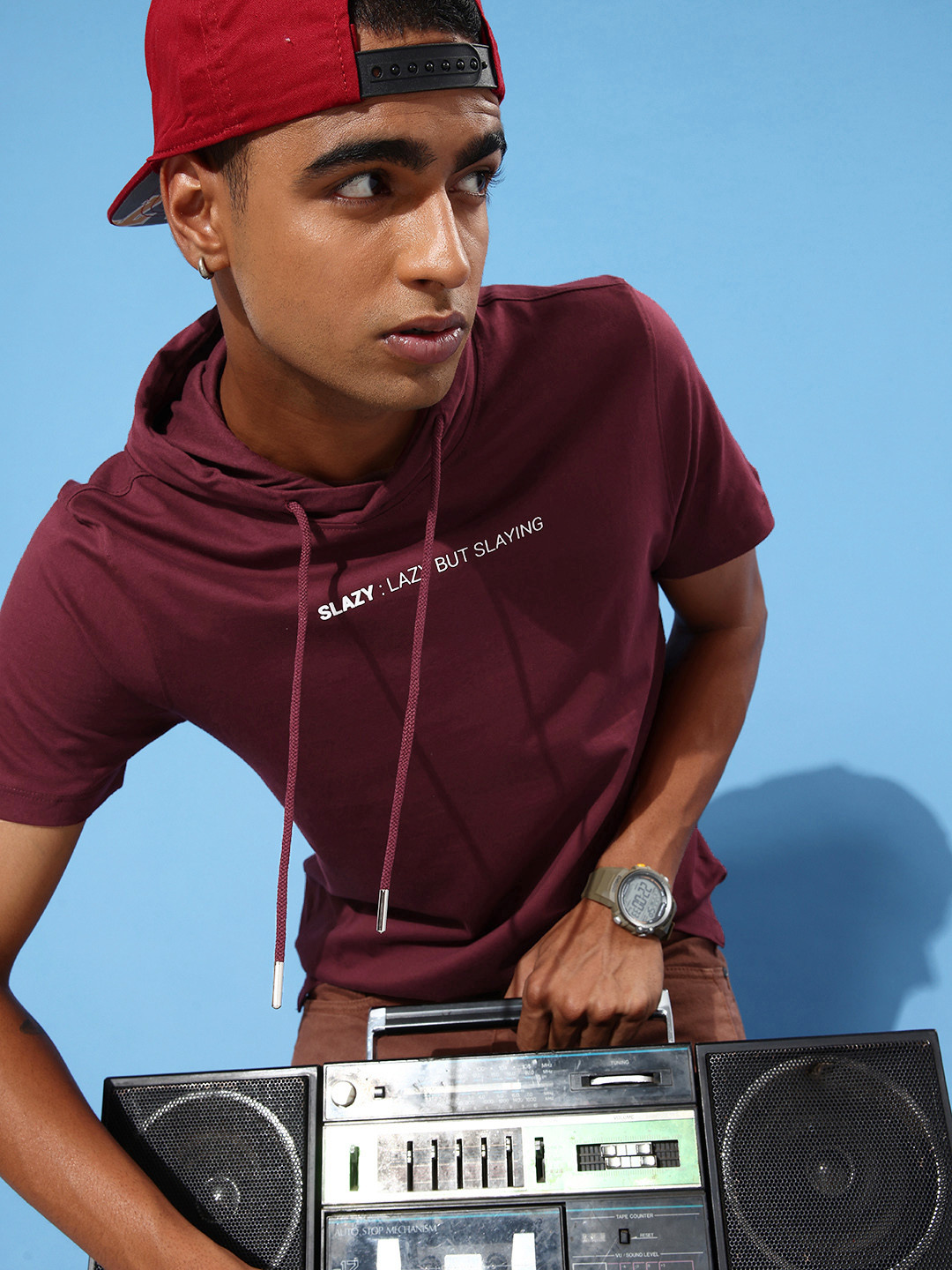 

Mast & Harbour Pure Cotton Typography Printed Hooded T-shirt, Maroon