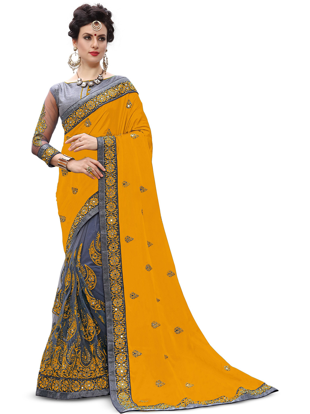 

eshami Ethnic Motifs Mirror Work Embroidered Pure Silk Kanjeevaram Saree, Yellow