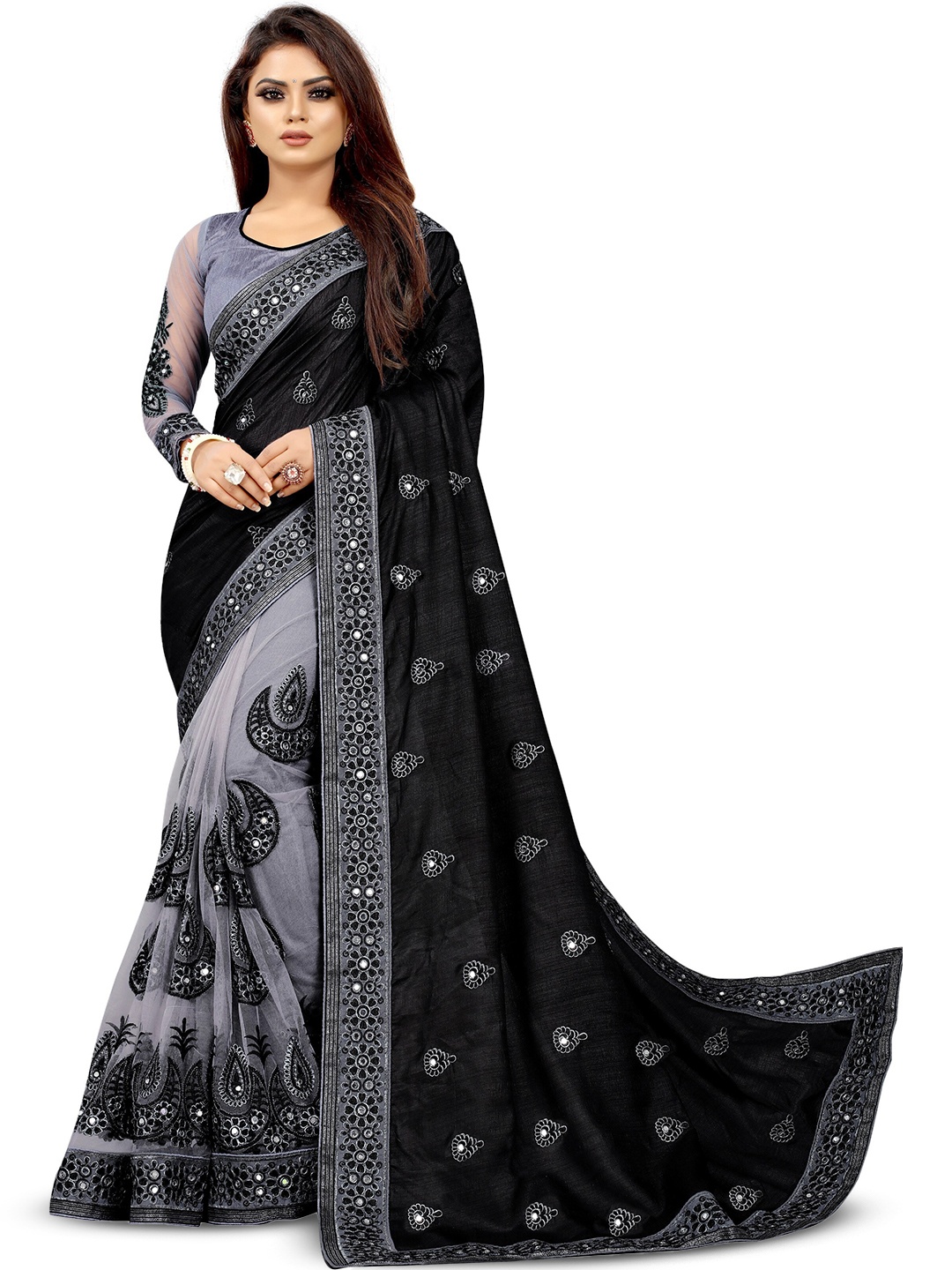 

eshami Ethnic Motifs Mirror Work Embroidered Pure Silk Kanjeevaram Saree, Black
