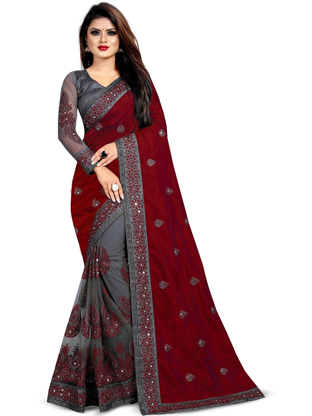 

eshami Ethnic Motifs Mirror Work Embroidered Pure Silk Kanjeevaram Saree, Maroon