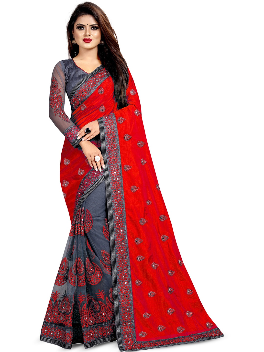 

eshami Embellished Pure Silk Half and Half Kanjeevaram Saree, Red