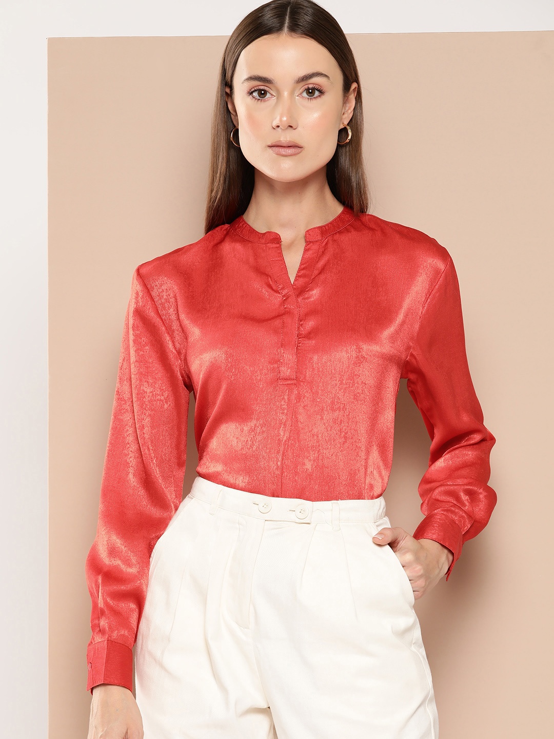 

her by invictus Satin Finish Mandarin Collar Shirt Style Top, Red