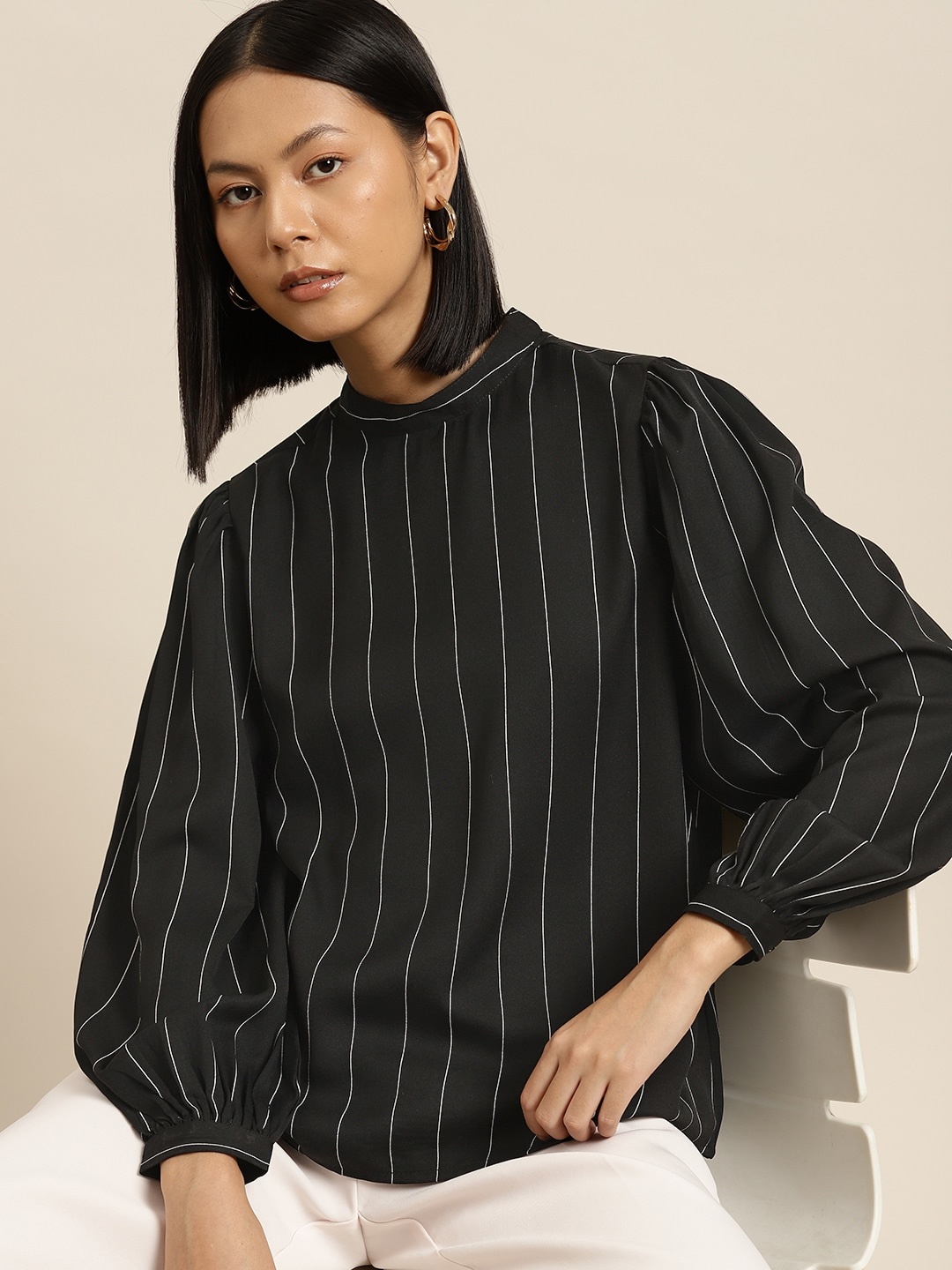 

her by invictus High Neck Striped Monochrome Top, Black