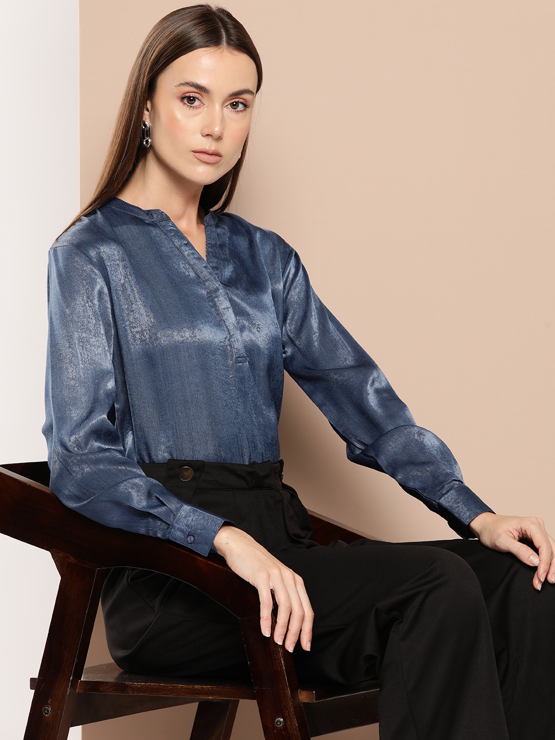 

her by invictus Satin Finish Mandarin Collar Shirt Style Top, Navy blue