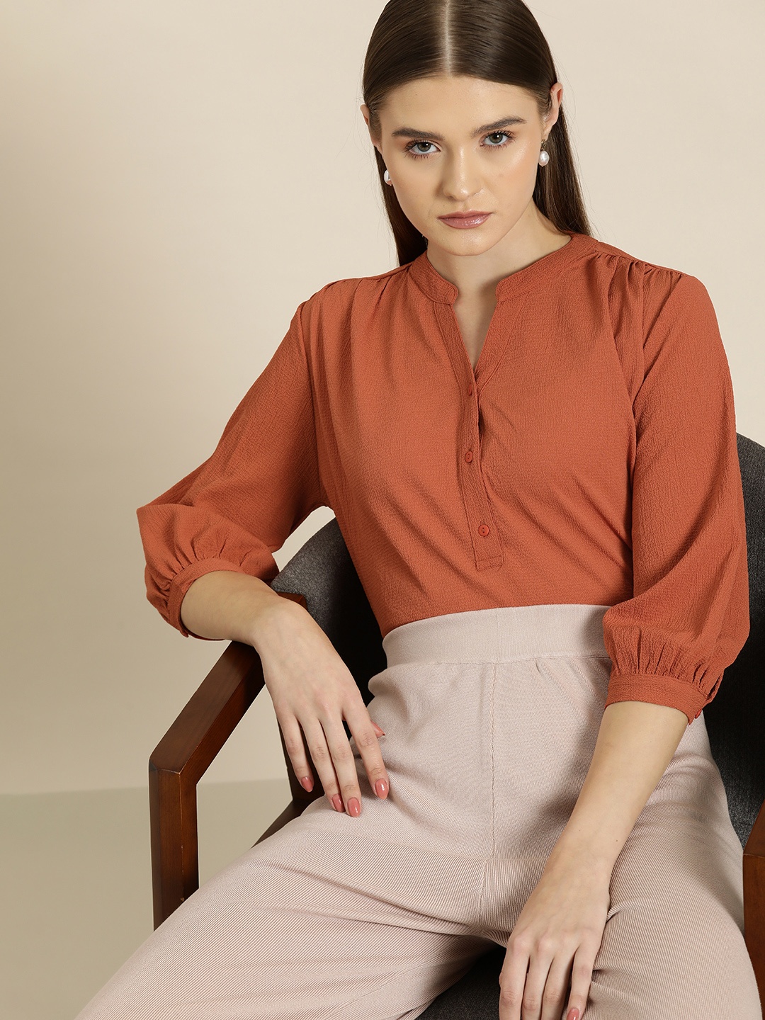 

her by invictus Mandarin Collar Puff Sleeves Shirt Style Top, Rust