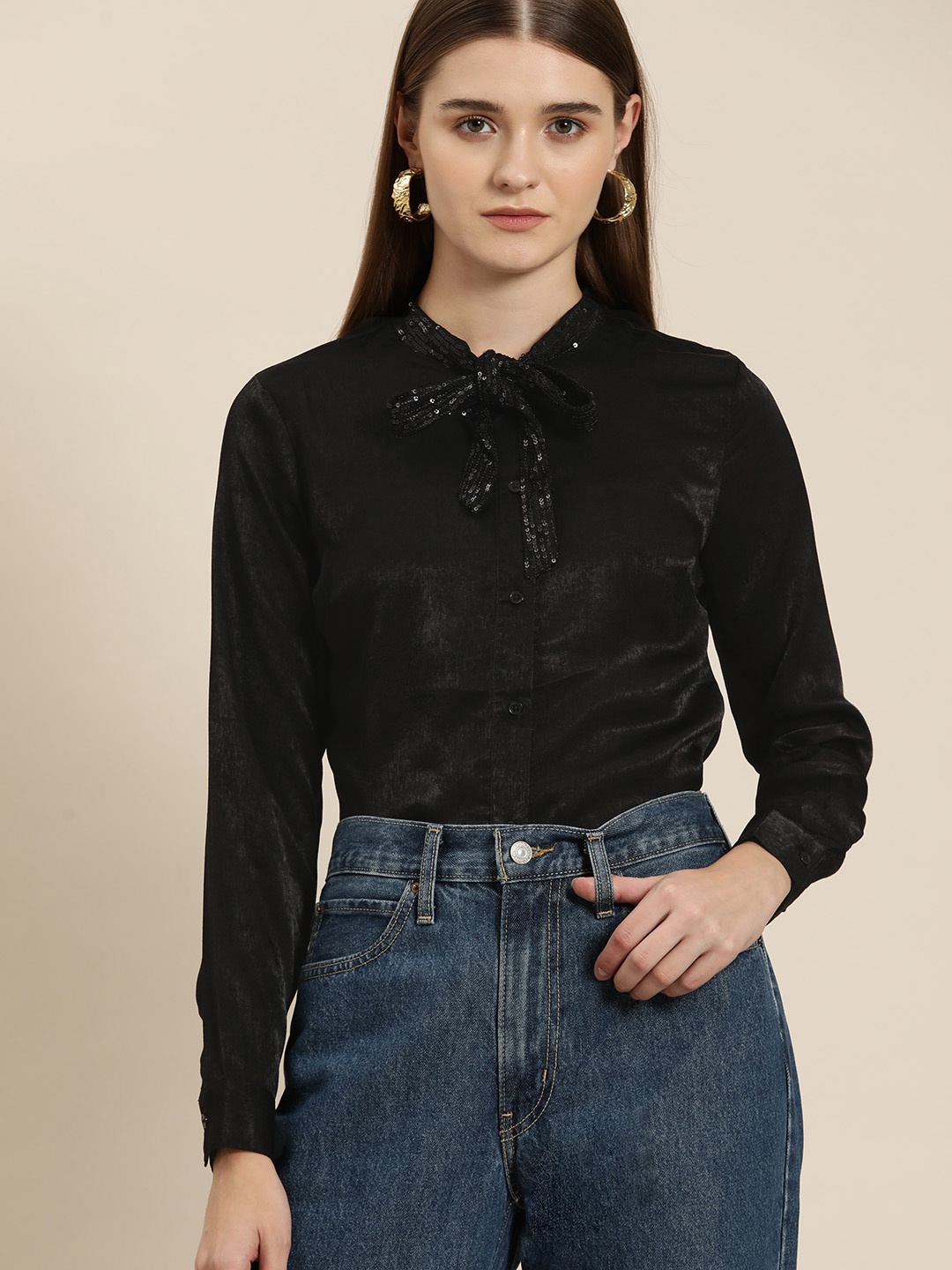 

her by invictus Sequinned Collar Casual Shirt, Black