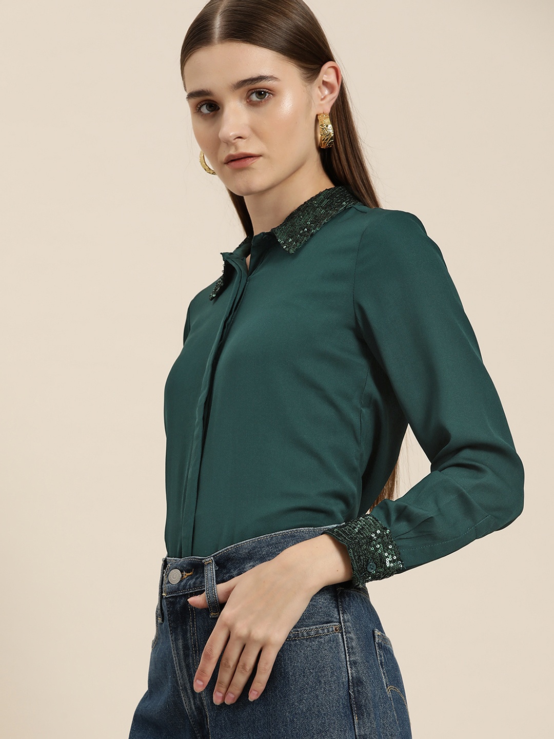 

her by invictus Sequinned Detail Casual Shirt, Green