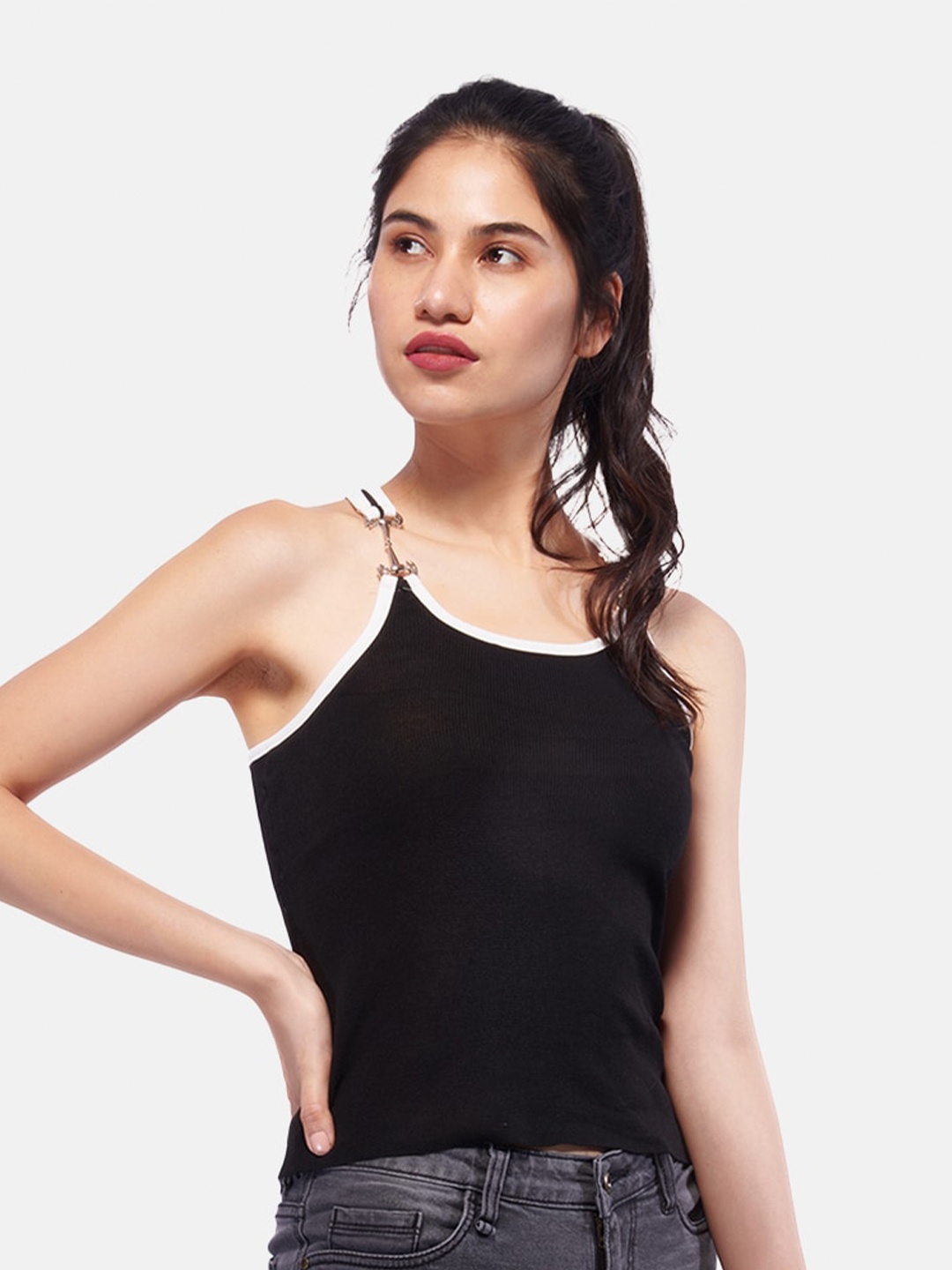 

IZF Round Neck Shoulder Strap Tank Top, Black