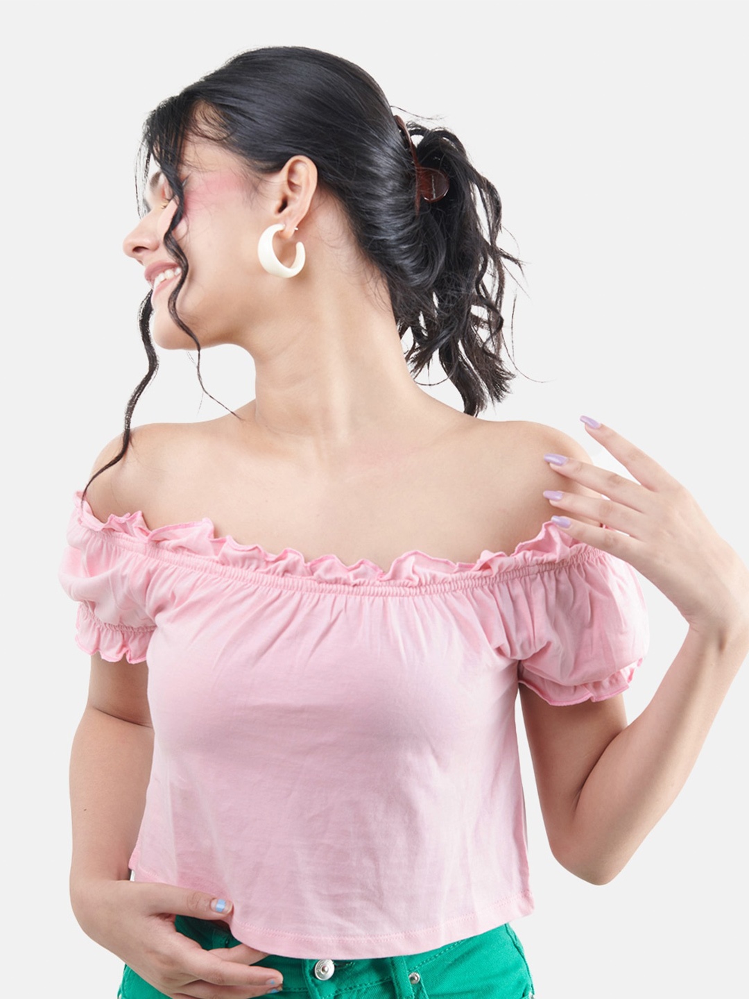 

IZF Puff Sleeves Off-Shoulder Bardot Crop Top, Pink