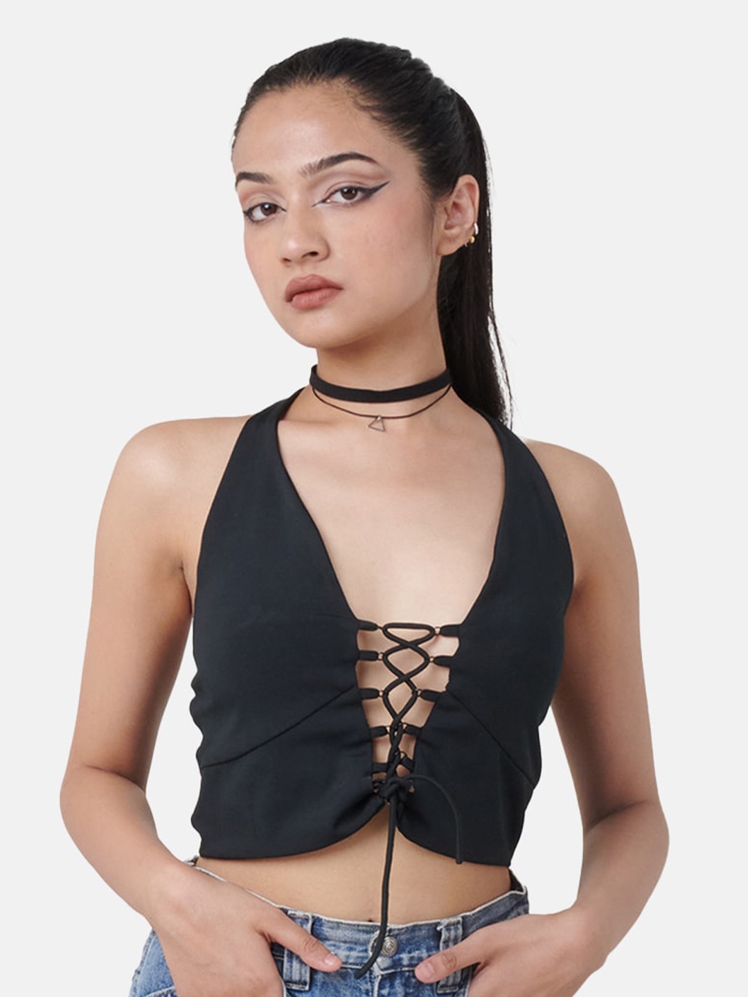 

IZF Halter Neck Sleeveless Crop Fitted Top, Black