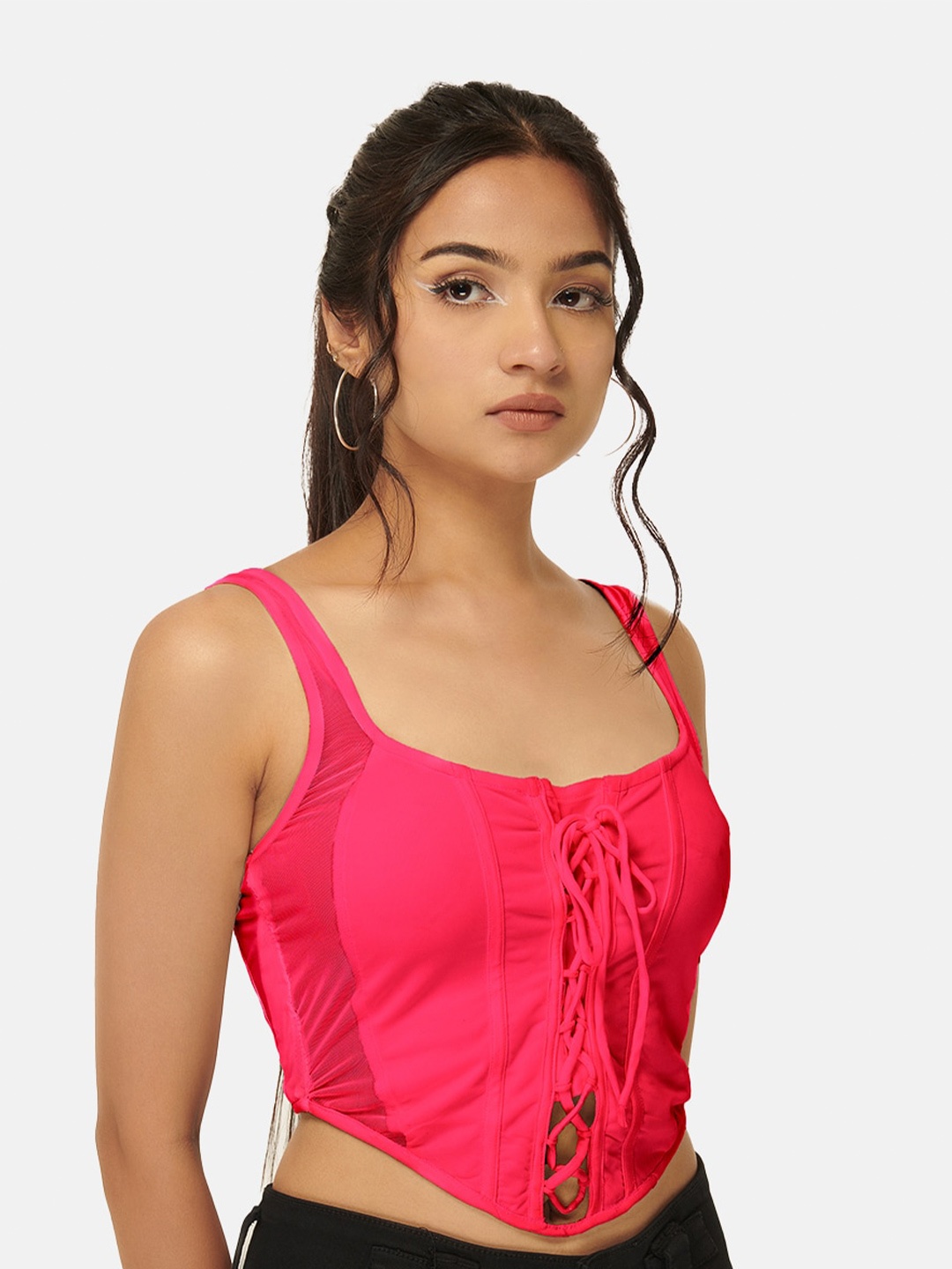 

IZF Shoulder Straps Fitted Corset Crop Top, Pink