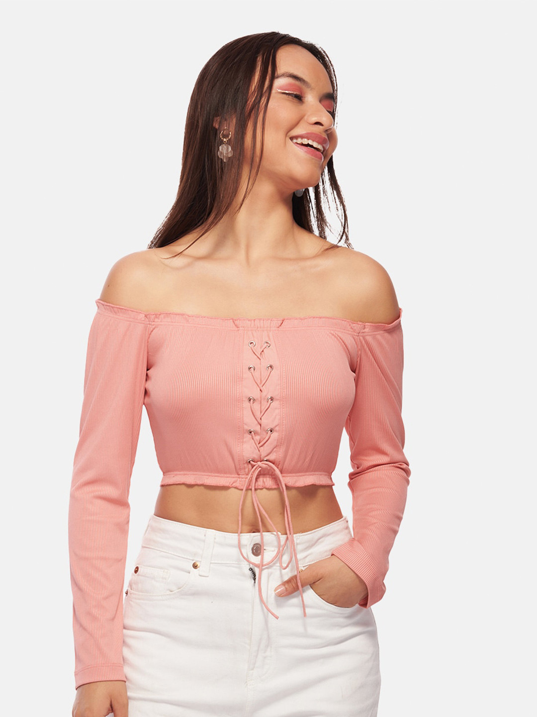 

IZF Off-Shoulder Tie-Ups Bardot Crop Top, Pink