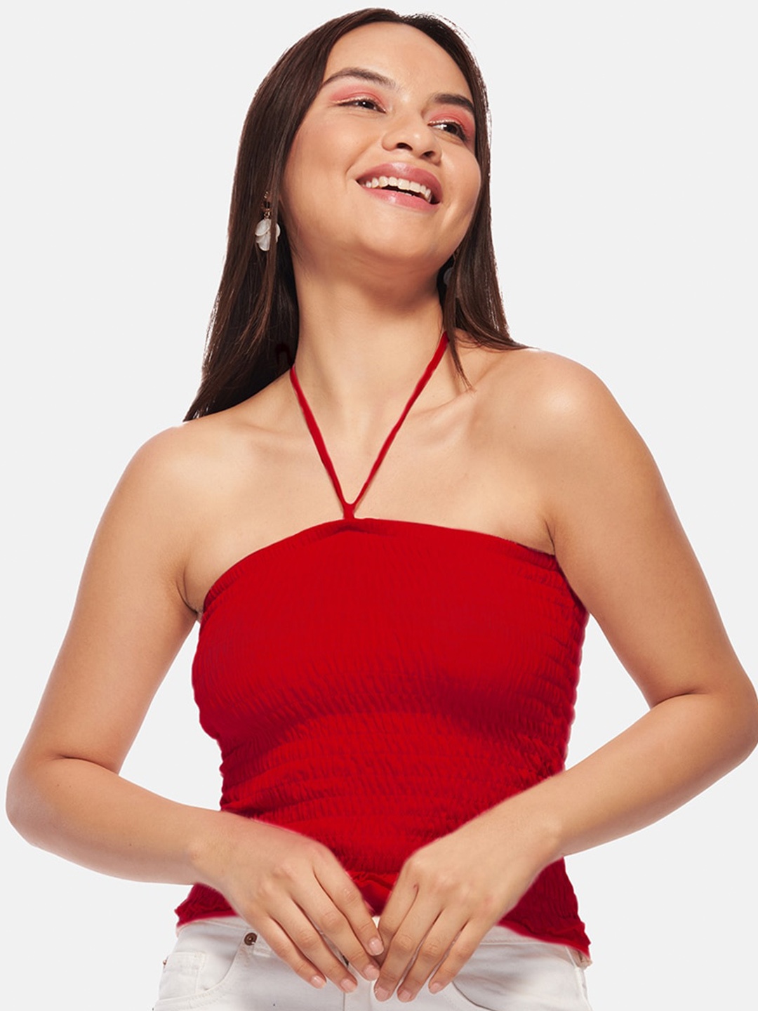 

IZF Halter Neck Smocked Cotton Tube Top, Red