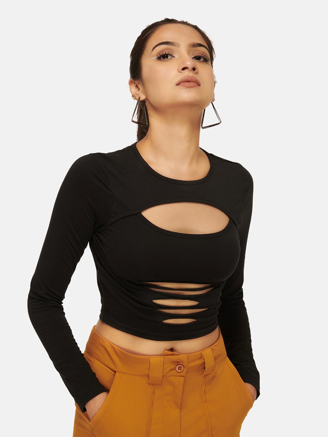 

IZF Round Neck Ripped Cut Out Fitted Cotton Crop Top, Black
