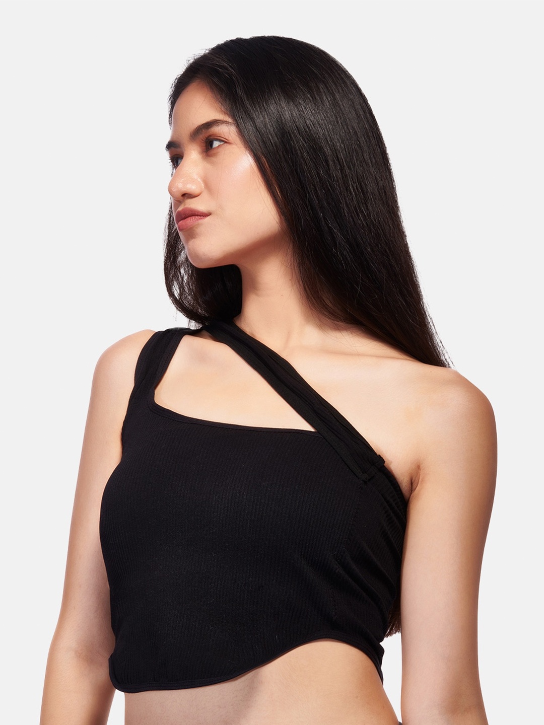 

IZF One Shoulder Cut-Out Detail Bralette Crop Top, Black