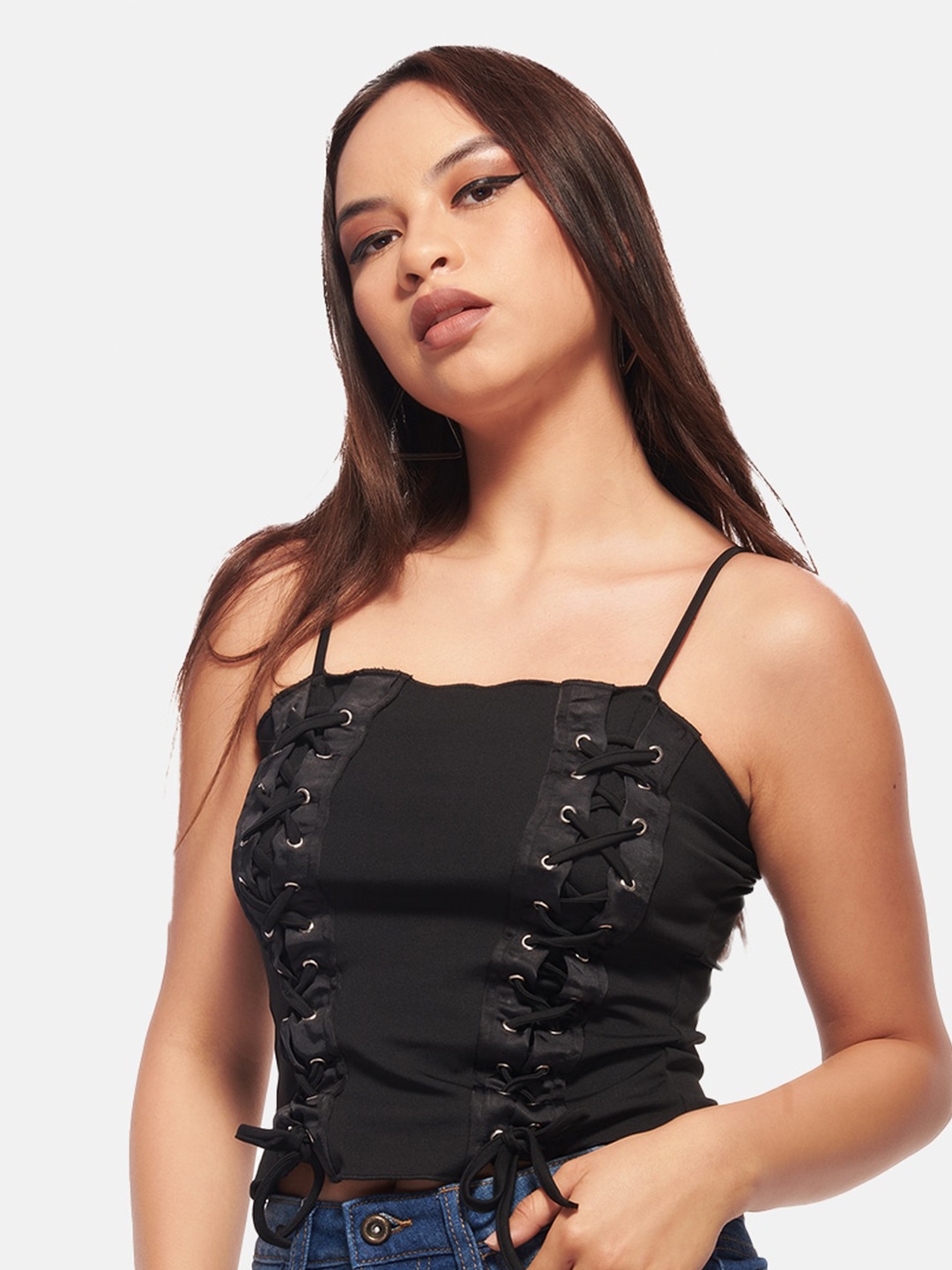 

IZF Shoulder Straps Two- Side Lace-Up Fitted Cotton Corset Crop Top, Black