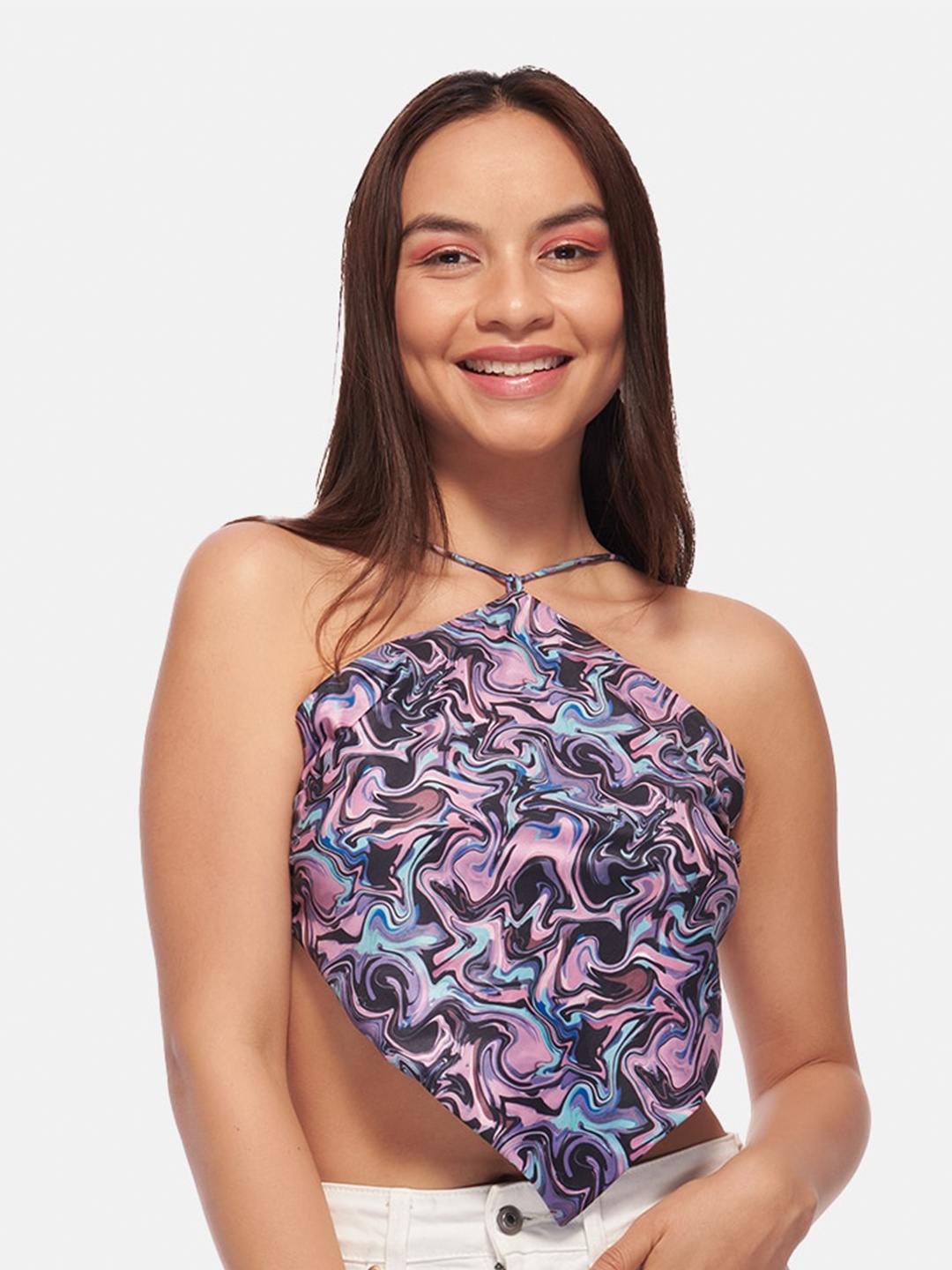 

IZF Abstract Printed Halter Neck Styled Back Top, Blue